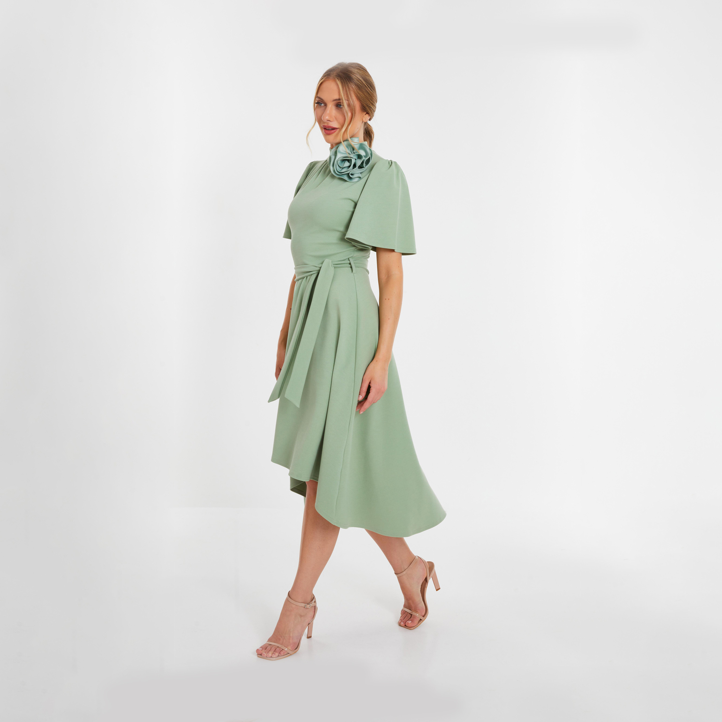 Quiz Sage Green Corsage Flower Dip Hem Midi Dress-women-clothing-dresses-image-3
