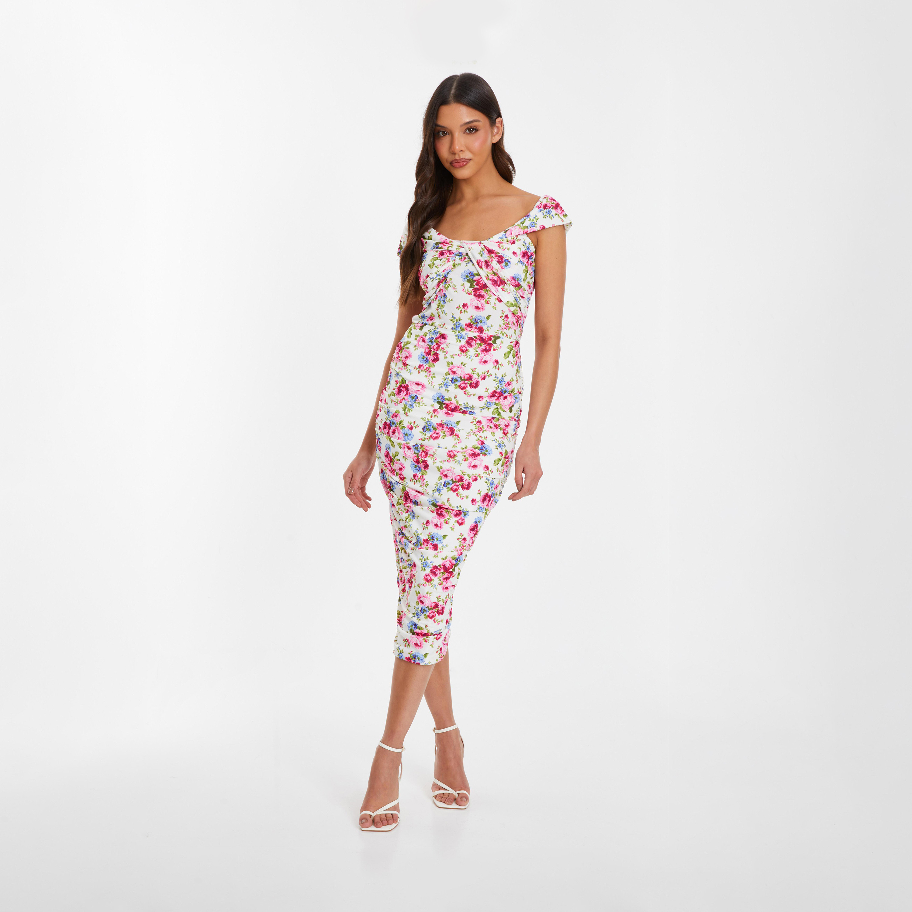Quiz Cream Ity Floral Bardot Midi Dress-women-clothing-dresses-image-1