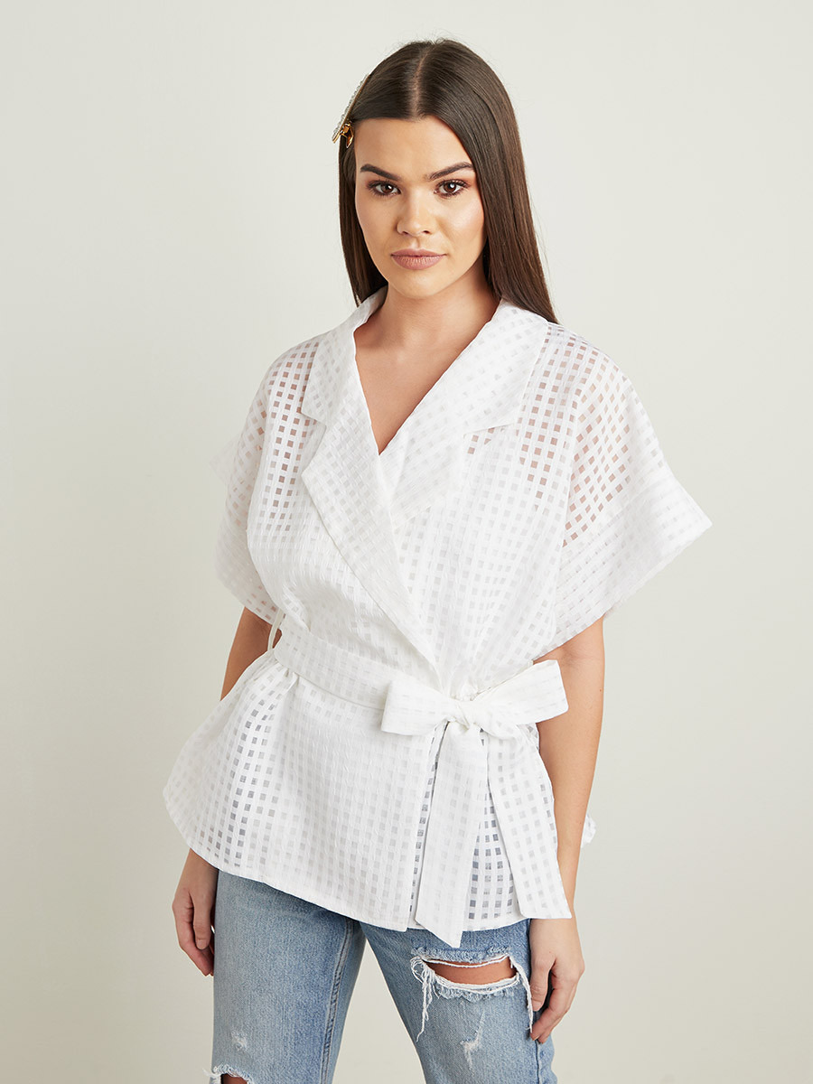 Styli Sheer Checked Organza Top with Belt-Tie Waist-women-clothing-shirtsandblouses-blouses-image-1