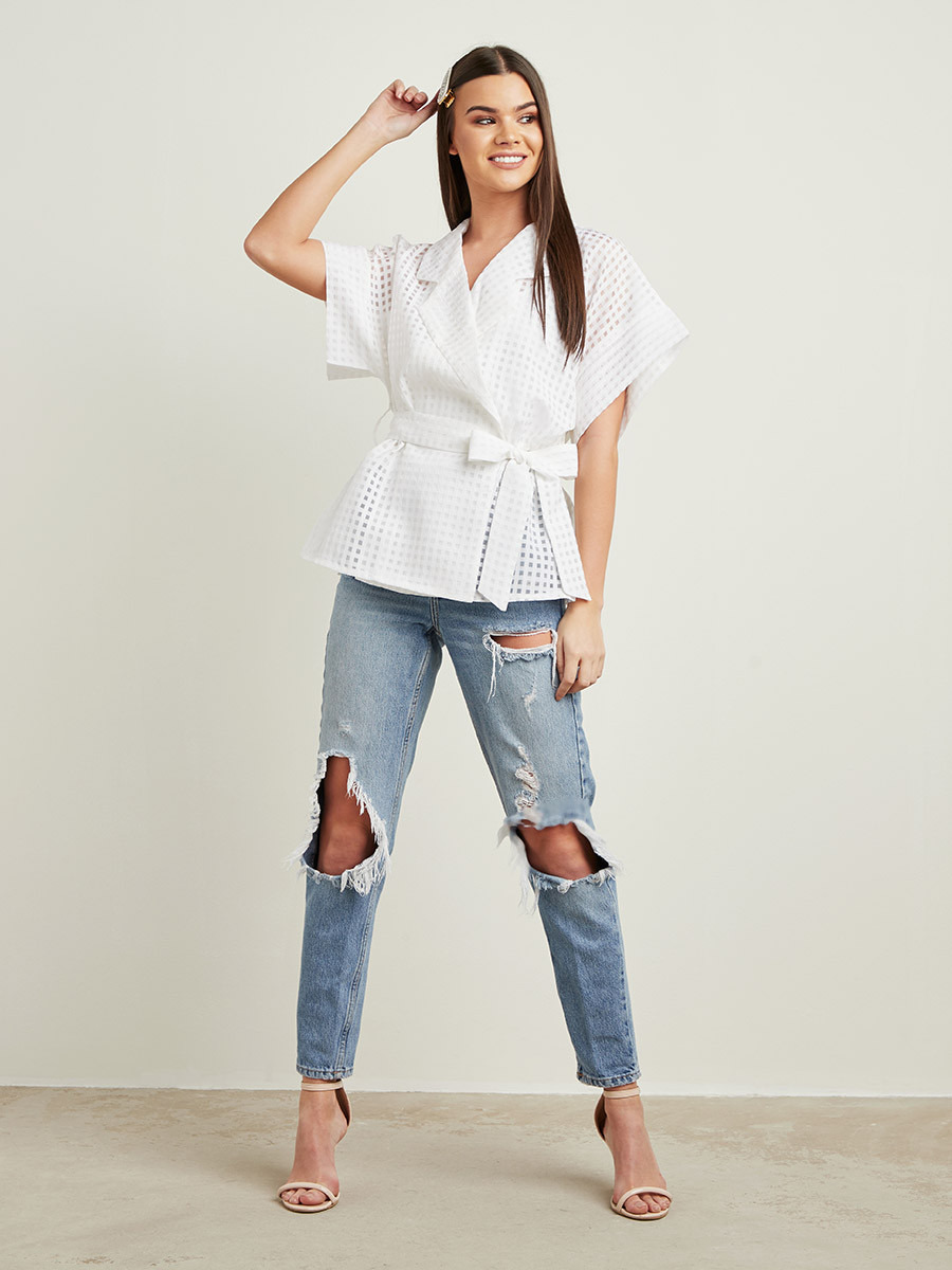 Styli Sheer Checked Organza Top with Belt-Tie Waist-women-clothing-shirtsandblouses-blouses-image-2