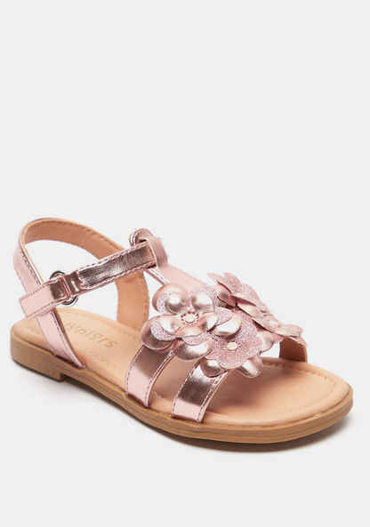 Juniors Floral Embellished Flat Sandals with Hook and Loop Closure-Girl%27s Sandals-image-1