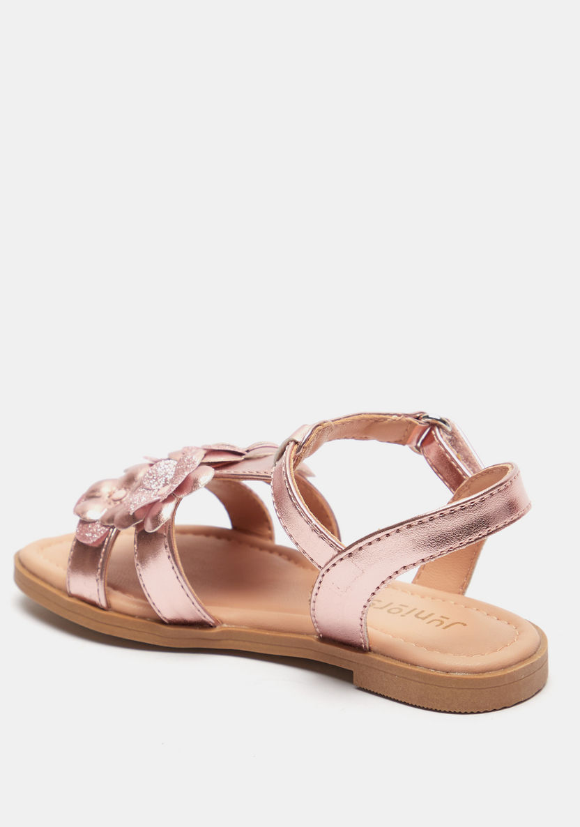 Juniors Floral Embellished Flat Sandals with Hook and Loop Closure-Girl%27s Sandals-image-2