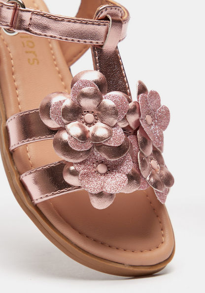 Juniors Floral Embellished Flat Sandals with Hook and Loop Closure-Girl%27s Sandals-image-3