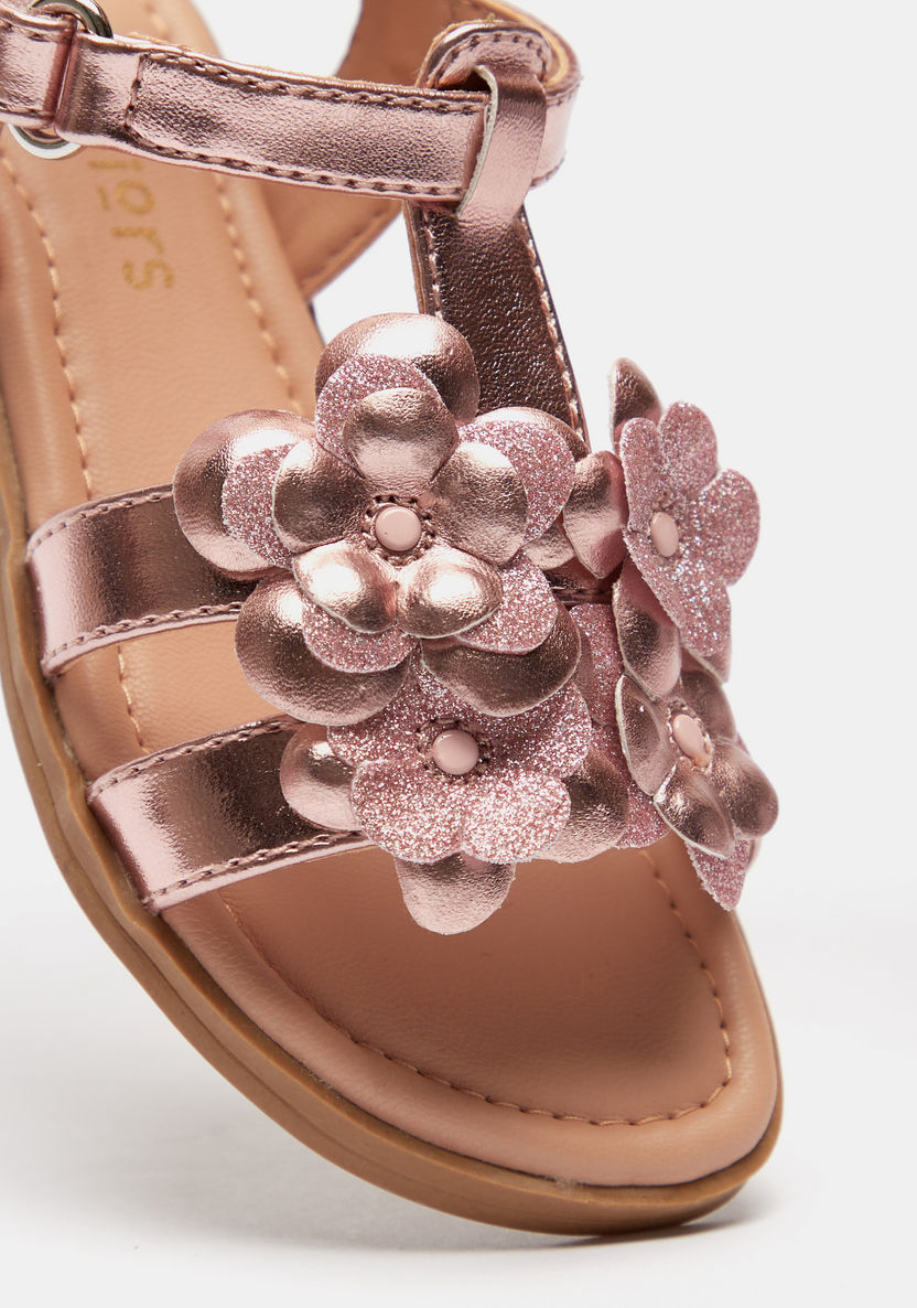 Juniors Floral Embellished Flat Sandals with Hook and Loop Closure-Girl%27s Sandals-image-3