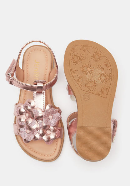 Juniors Floral Embellished Flat Sandals with Hook and Loop Closure-Girl%27s Sandals-image-4