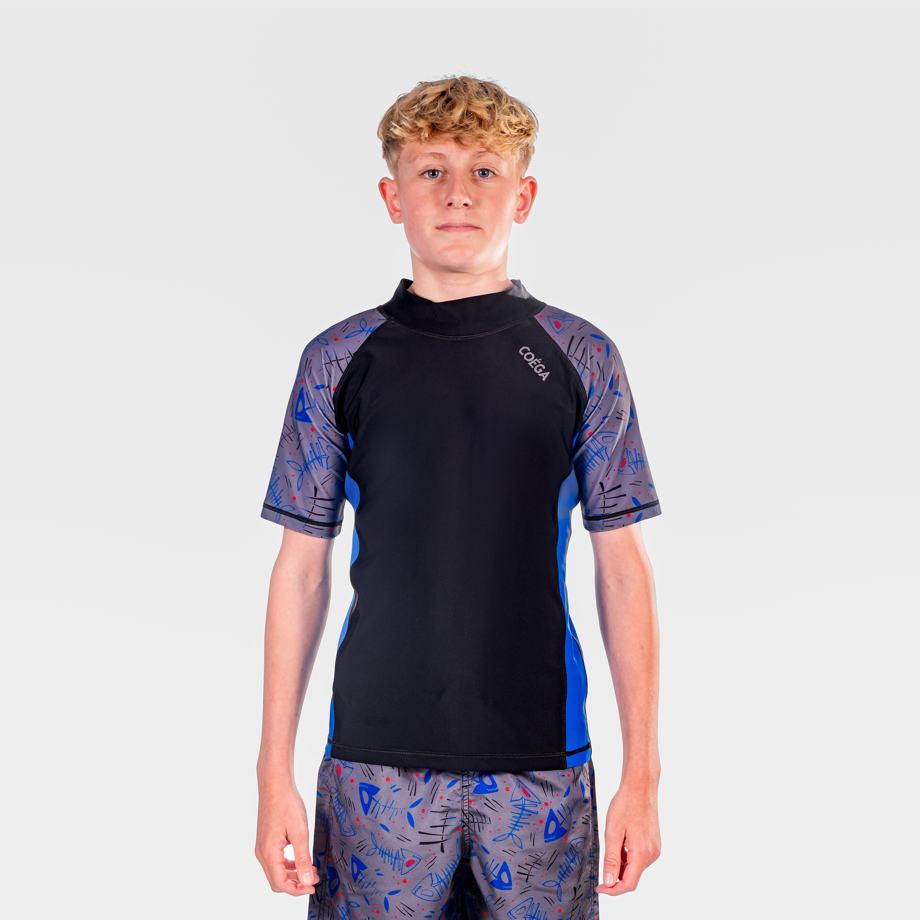 COEGA Boys Rashguard Short Sleeve, Blue Black Fish-sports-boys-clothing-swimwear-image-1