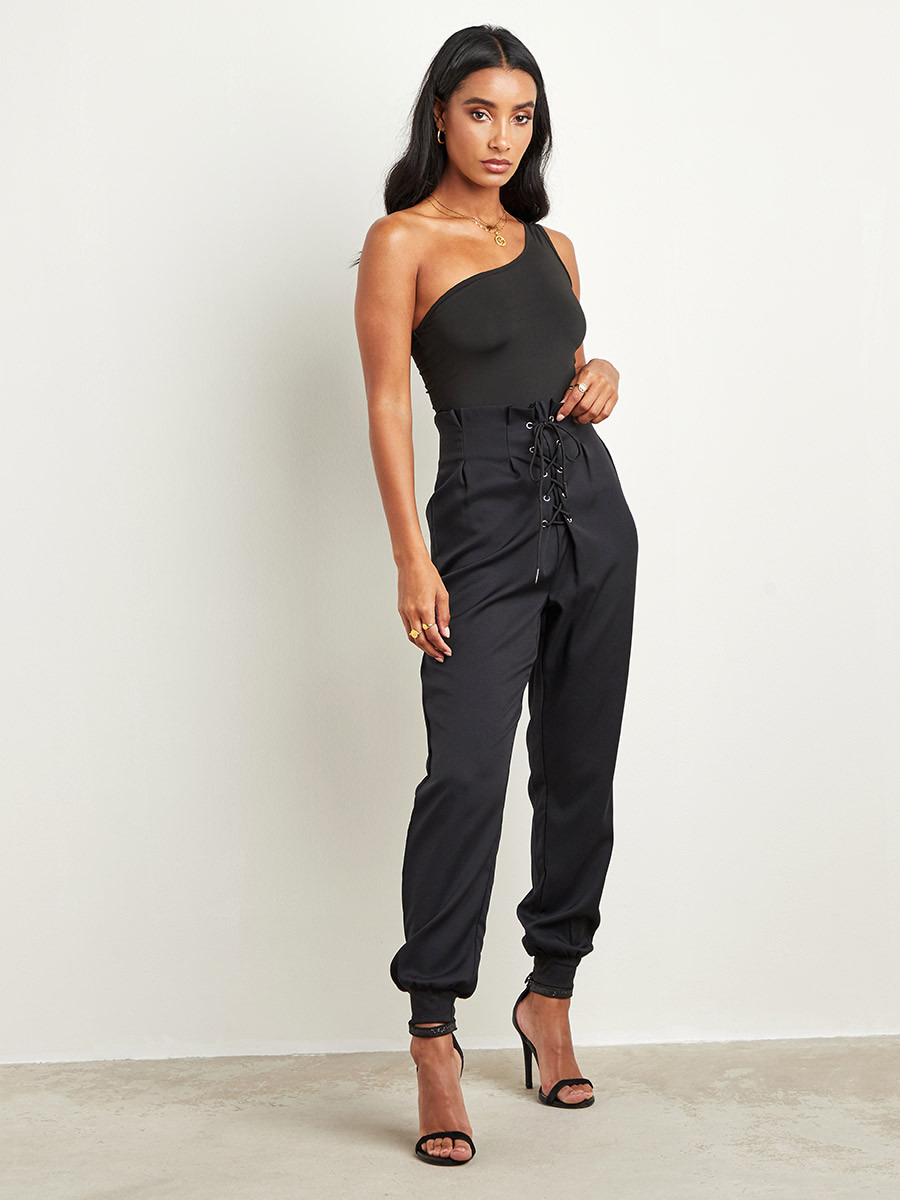 Styli Front Lace Up Detail Slim Fit Trouser with Cuffed Hem-women-clothing-trousers-image-1
