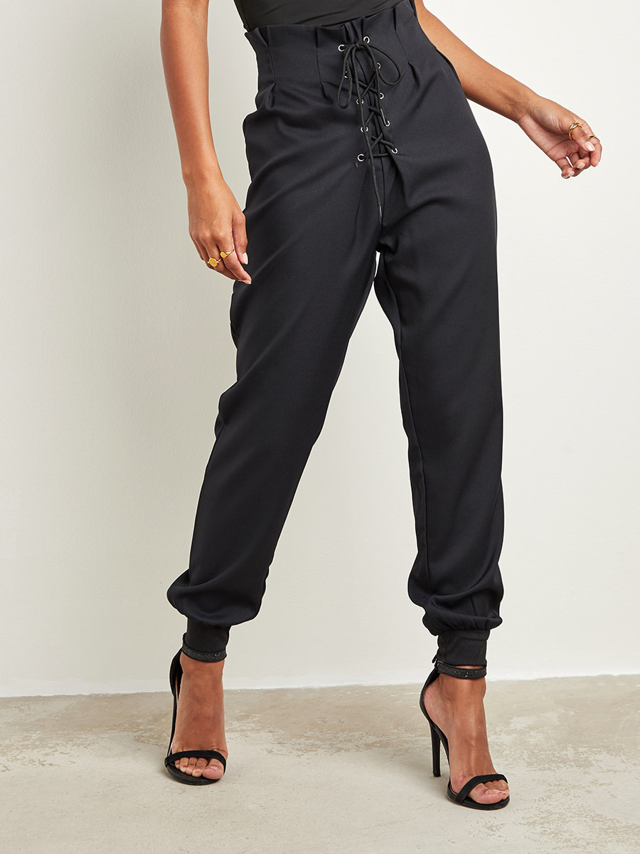 Styli Front Lace Up Detail Slim Fit Trouser with Cuffed Hem-women-clothing-trousers-image-2