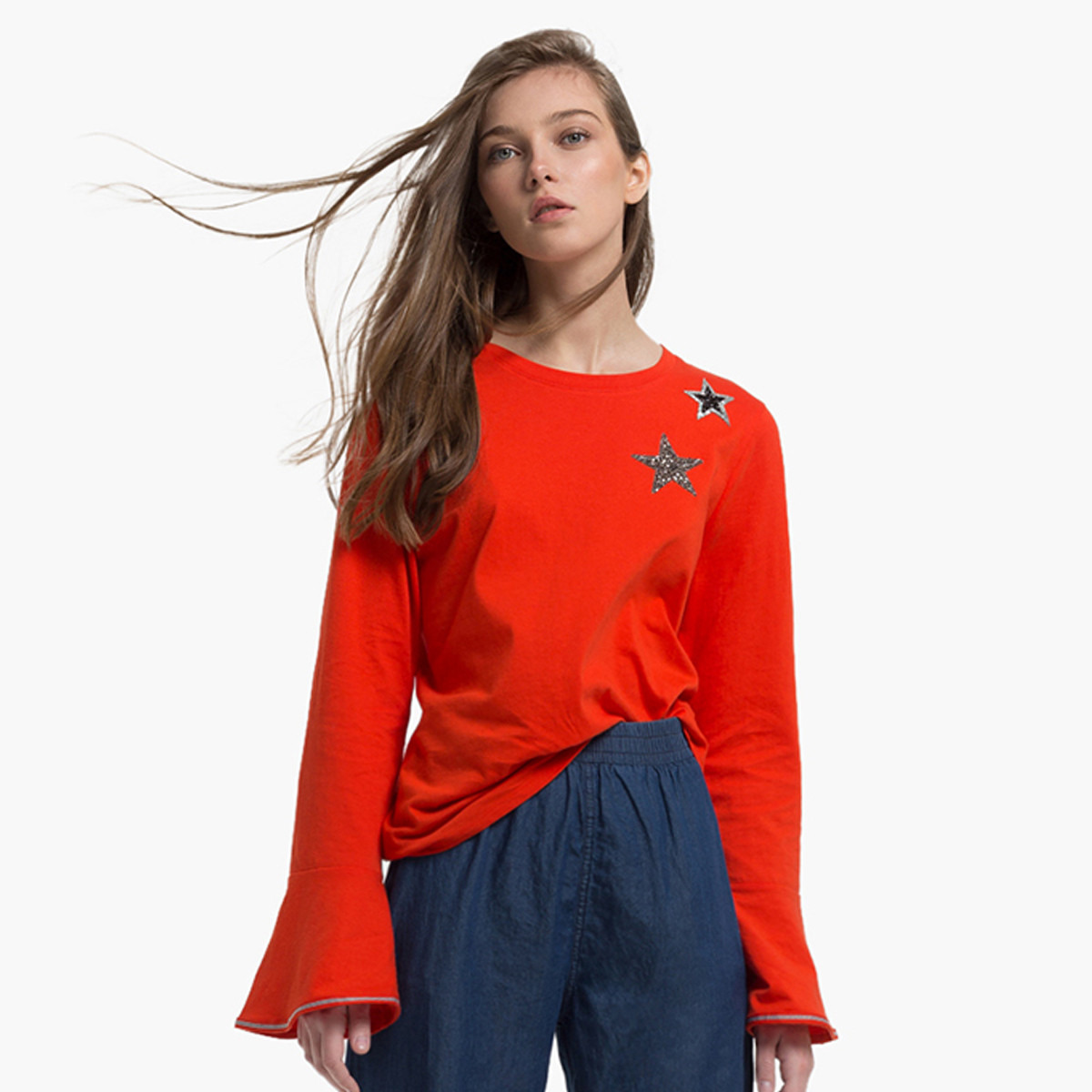 Rina Solid Crew Neck Top with Long Sleeves and Embellishments-women-clothing-shirtsandblouses-blouses-image-1