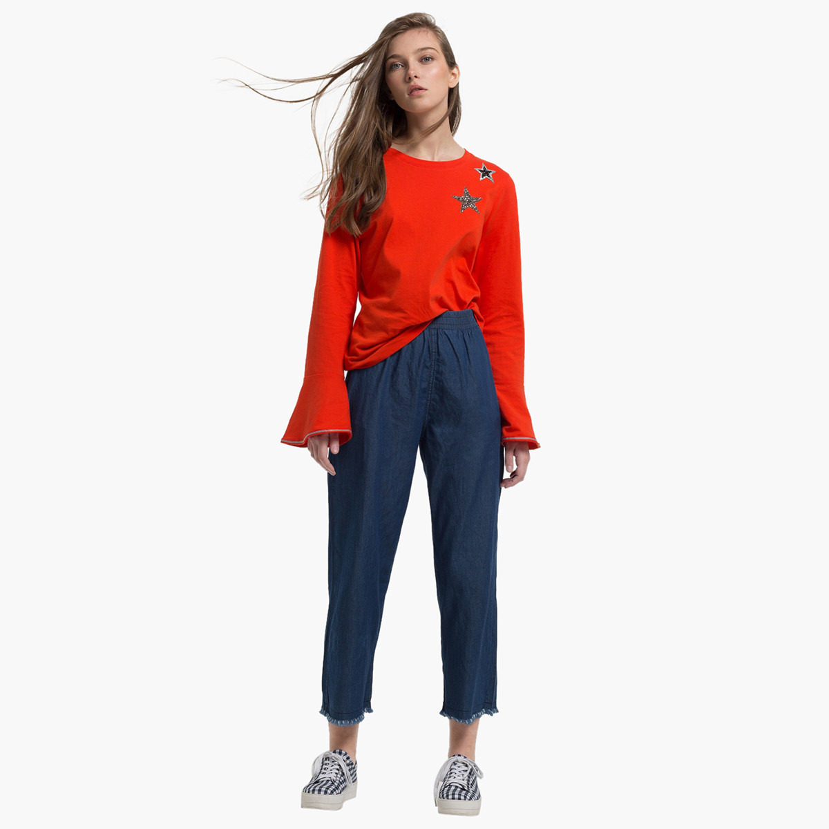 بلوزة سادة بياقة ضيّقة وأكمام طويلة وتزيينات من رينا-women-clothing-shirtsandblouses-blouses-image-2