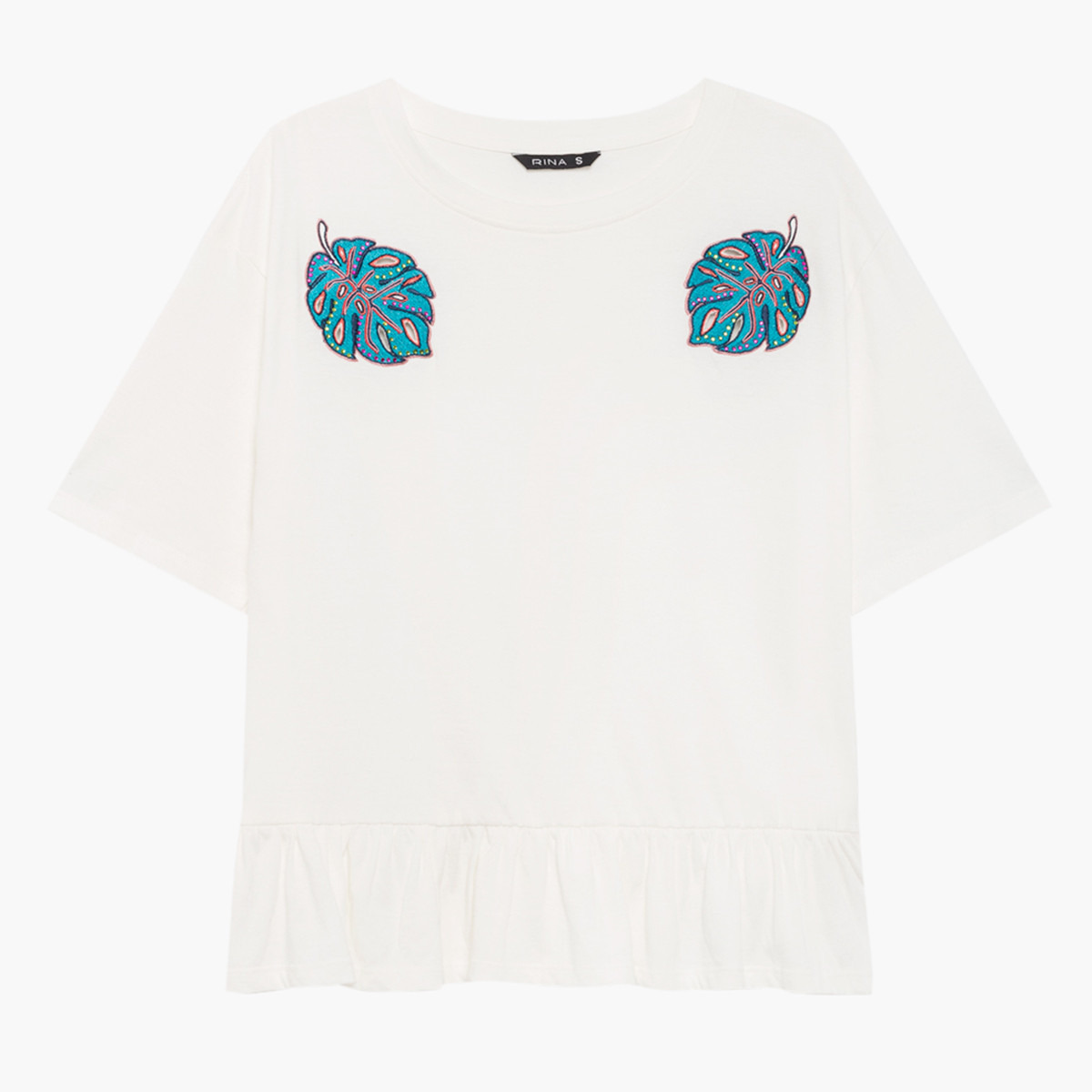بلوزة بياقة مستديرة وأكمام قصيرة و زخارف أوراق من رينا-women-clothing-tshirts-image-5