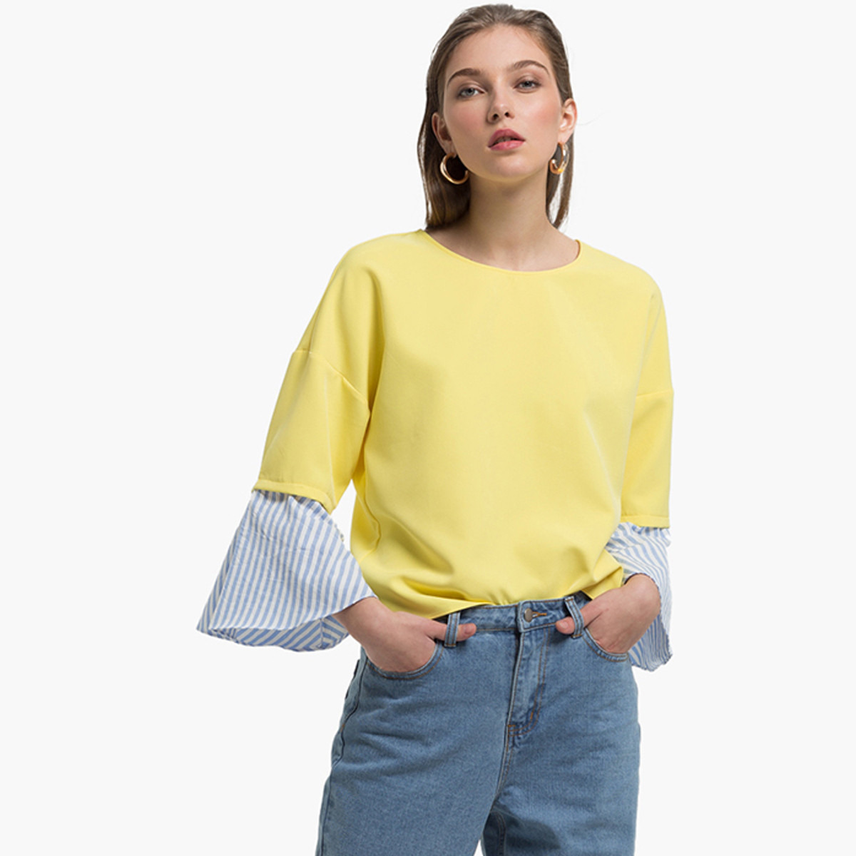 Rina Solid Round Neck Top with Long Sleeves and Stripe Detail-women-clothing-shirtsandblouses-blouses-image-1