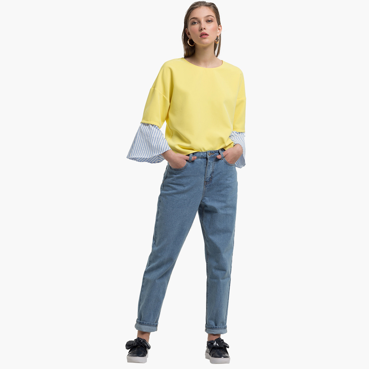 Rina Solid Round Neck Top with Long Sleeves and Stripe Detail-women-clothing-shirtsandblouses-blouses-image-2