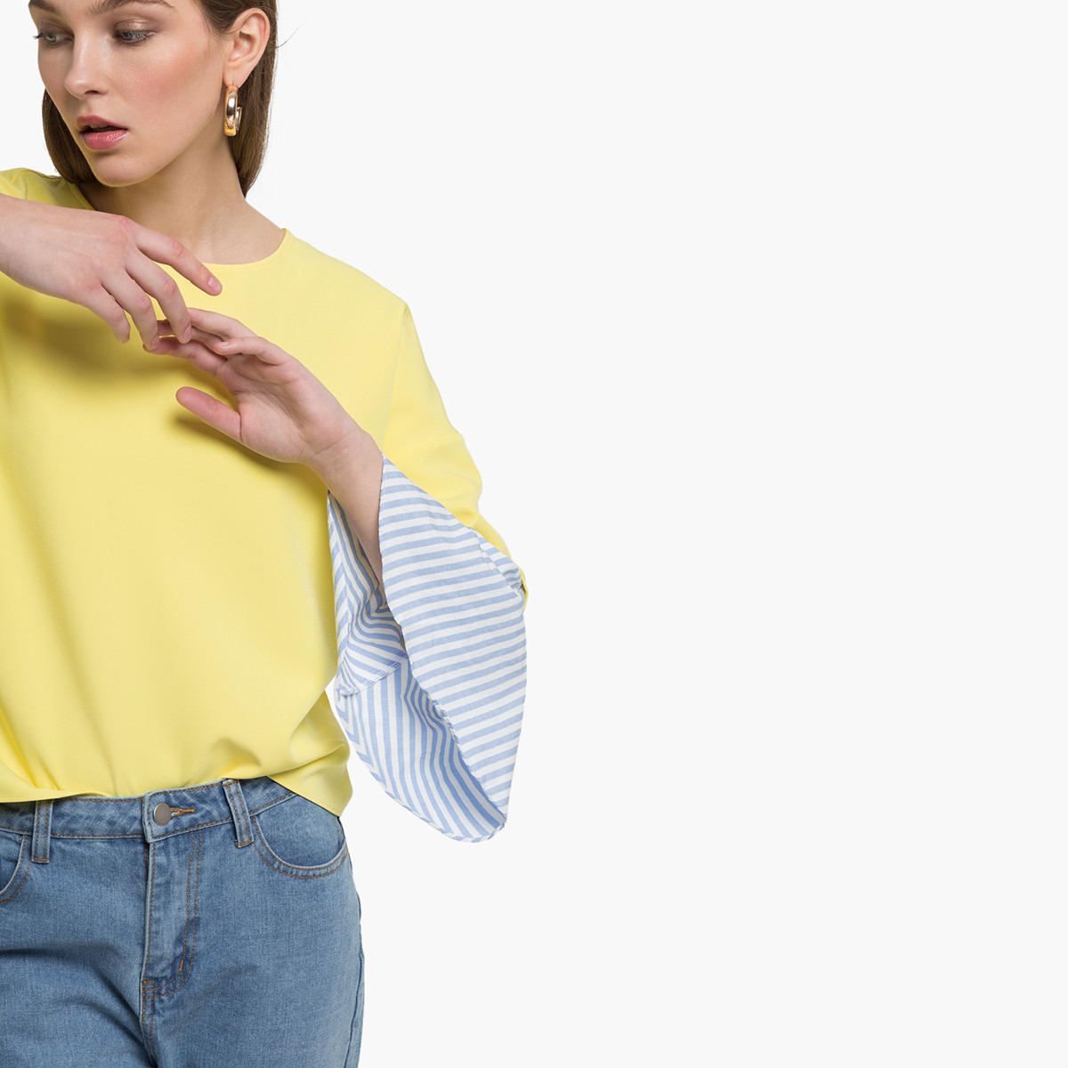 Rina Solid Round Neck Top with Long Sleeves and Stripe Detail-women-clothing-shirtsandblouses-blouses-image-3