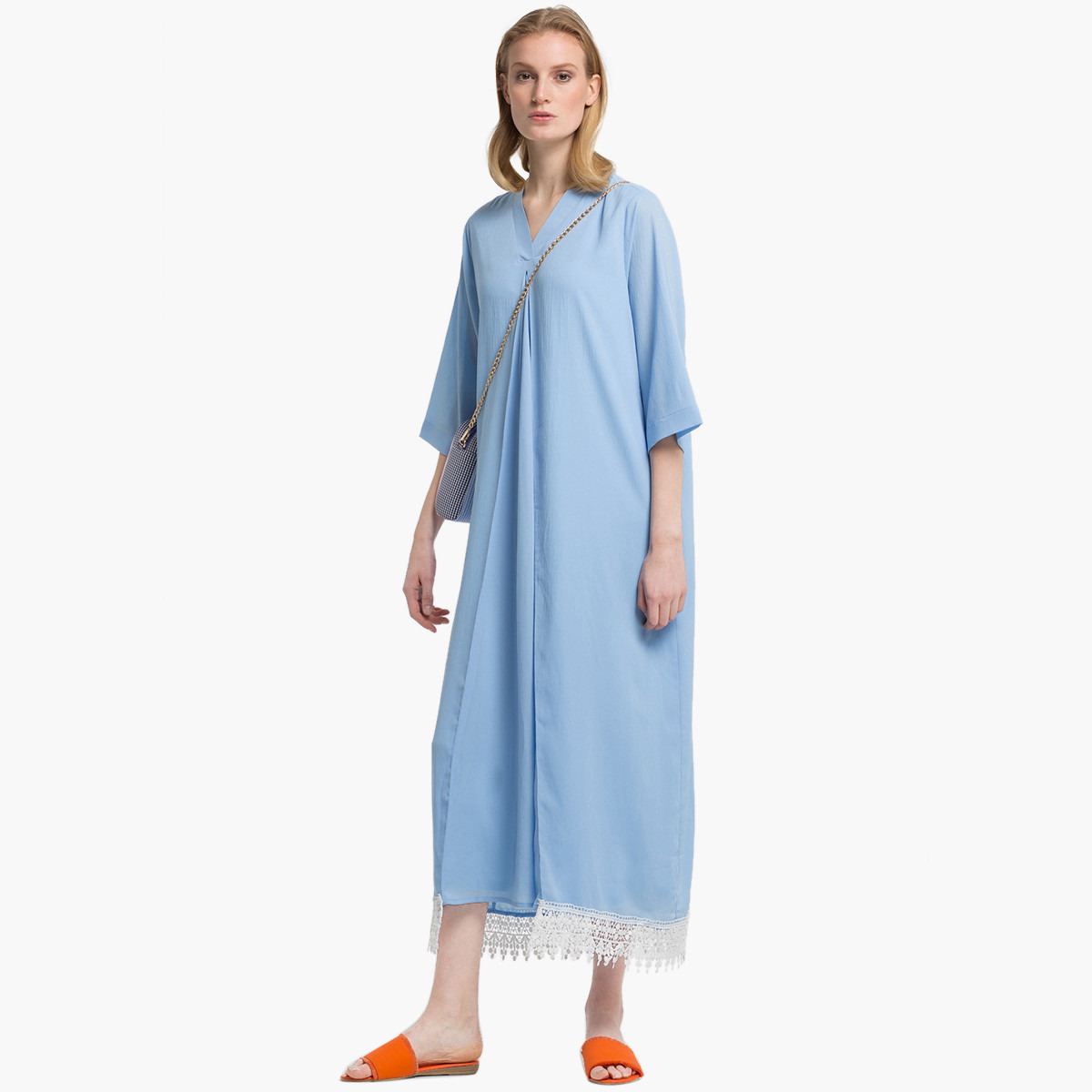 فستان واسع متوسط الطول سادة بأكمام 3/4 و حواف دانتيل من رينا-women-clothing-dresses-image-1