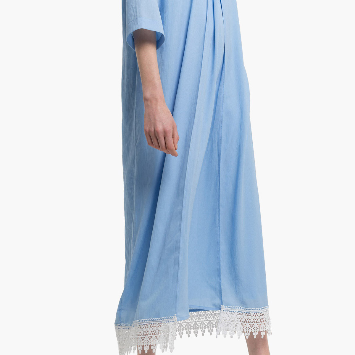 Rina Solid Midi Shift Dress with 3/4 Sleeves and Lace Trim-women-clothing-dresses-image-2