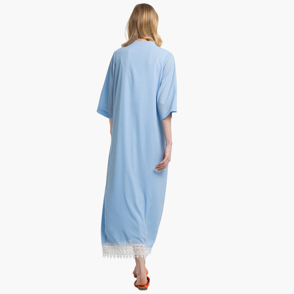 Rina Solid Midi Shift Dress with 3/4 Sleeves and Lace Trim-women-clothing-dresses-image-3