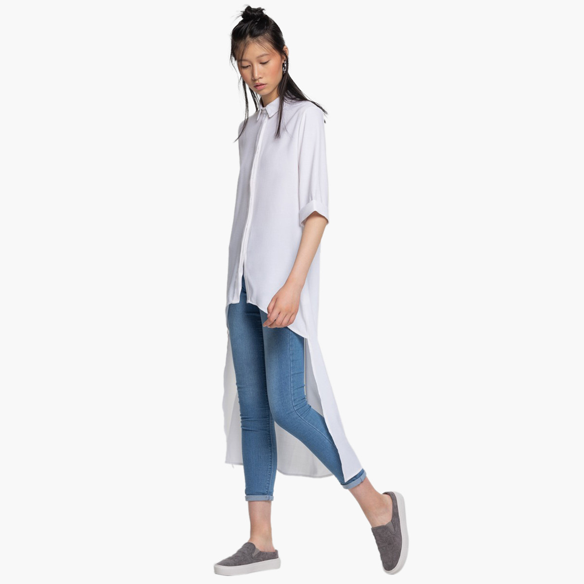 تونيك طويل سادة بياقة عادية وحافة غير متماثلة من رينا-women-clothing-shirtsandblouses-blouses-image-1