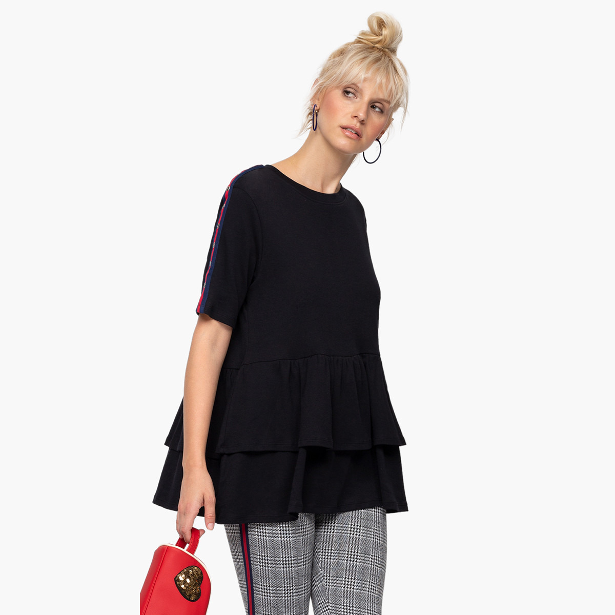 Rina Solid Crew Neck Top with Short Sleeves and Ruffled Hem-women-clothing-shirtsandblouses-blouses-image-1