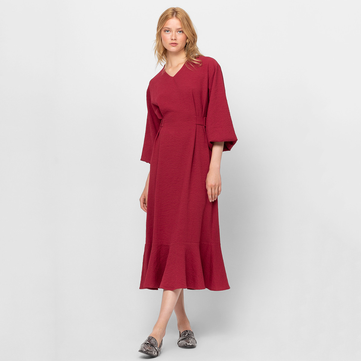 Rina Textured Midi A-line Belted Dress with V-neck and Long Sleeves-women-clothing-dresses-image-1