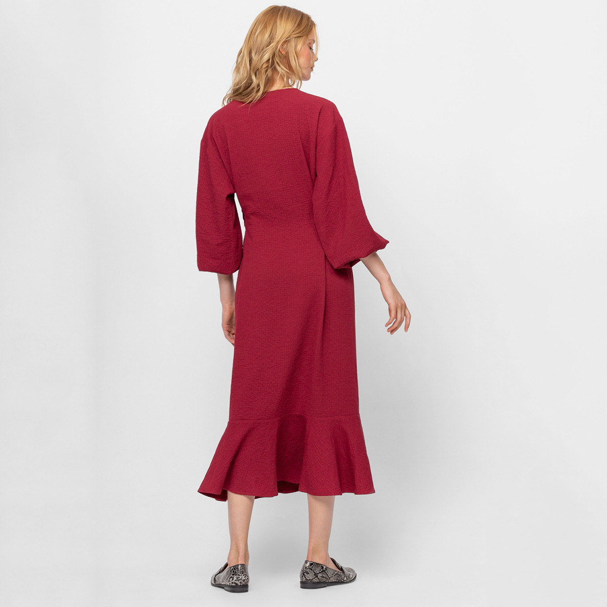 Rina Textured Midi A-line Belted Dress with V-neck and Long Sleeves-women-clothing-dresses-image-3