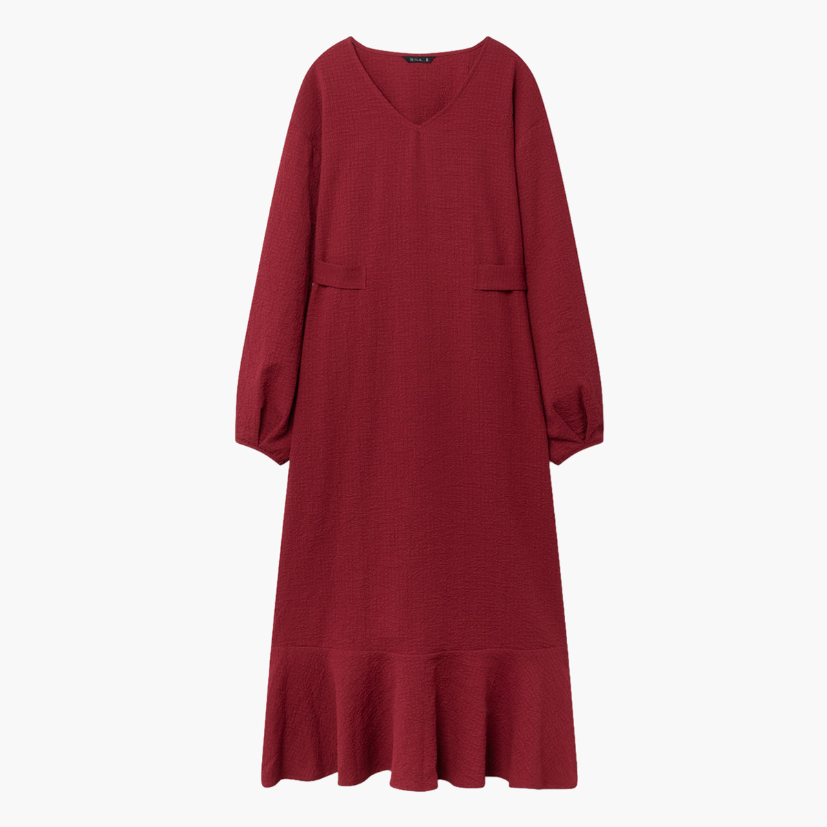 Rina Textured Midi A-line Belted Dress with V-neck and Long Sleeves-women-clothing-dresses-image-4