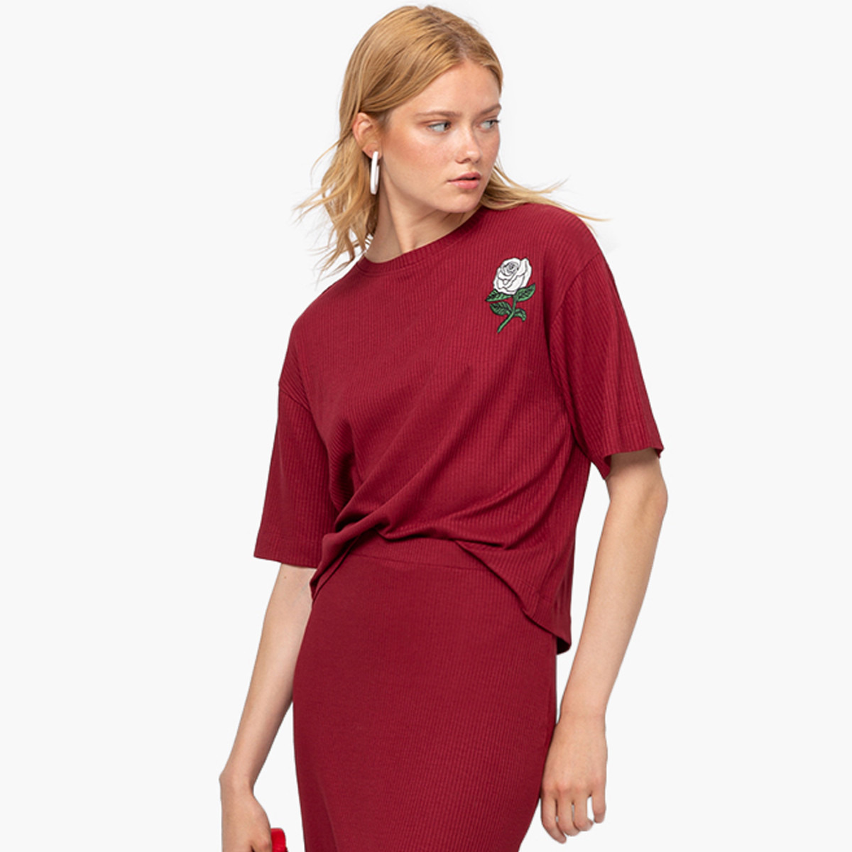 Rina Textured Crew Neck T-shirt with Short Sleeves-women-clothing-tshirts-image-1