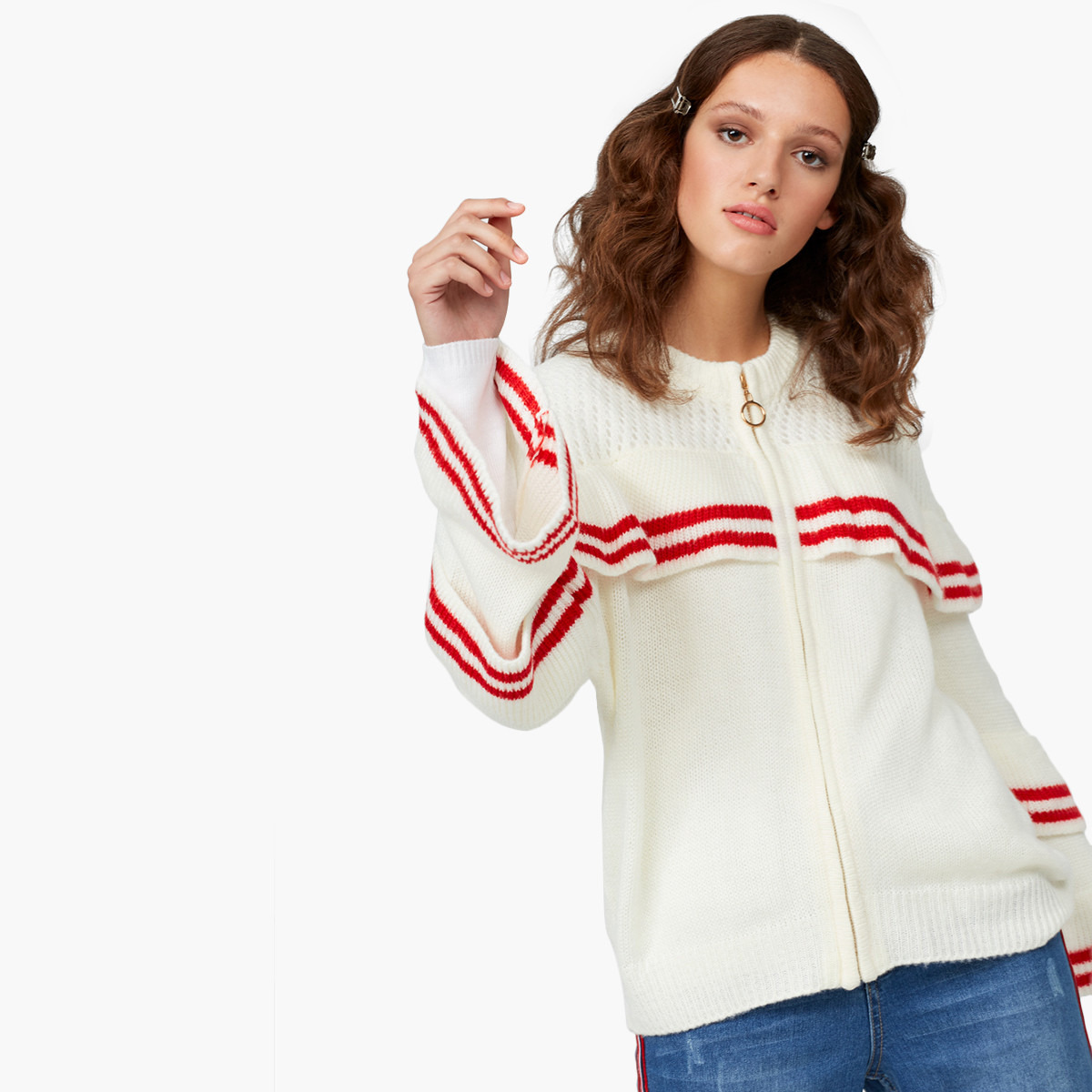 كنزة مخطط مع تفاصيل كشكش وسحاب إغلاق من رينا-women-winterwear-cardigansandjumpers-jumpers-image-1