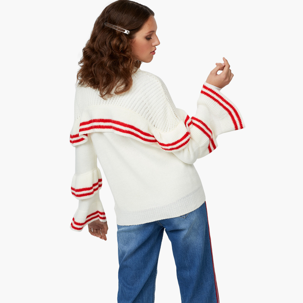 كنزة مخطط مع تفاصيل كشكش وسحاب إغلاق من رينا-women-winterwear-cardigansandjumpers-jumpers-image-3
