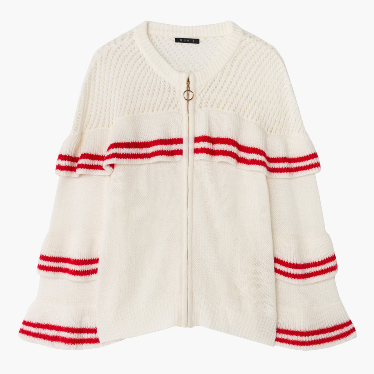 كنزة مخطط مع تفاصيل كشكش وسحاب إغلاق من رينا-women-winterwear-cardigansandjumpers-jumpers-image-4