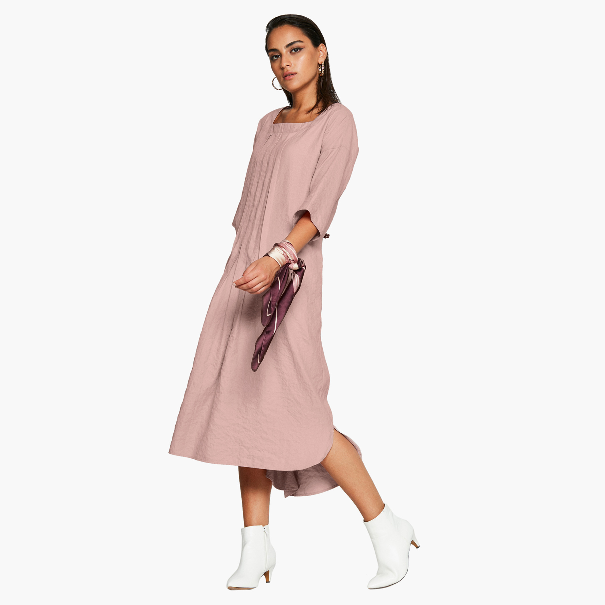 فستان إيه لاين ميدي سادة بأكمام قصيرة من رينا-women-clothing-dresses-image-4