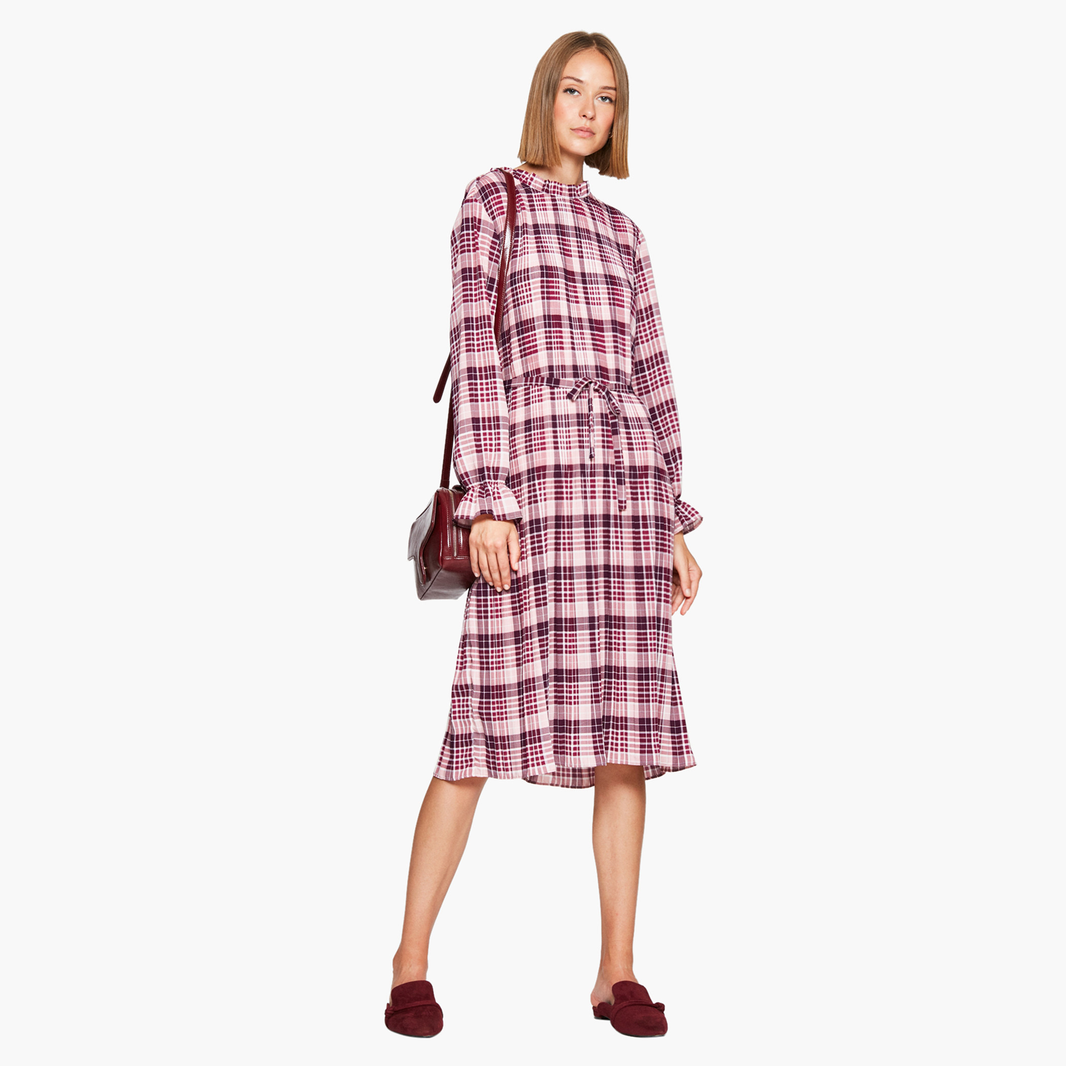 Rina Checked Midi Shift Dress with Long Sleeves and Tie-Up Belt-women-clothing-dresses-image-1