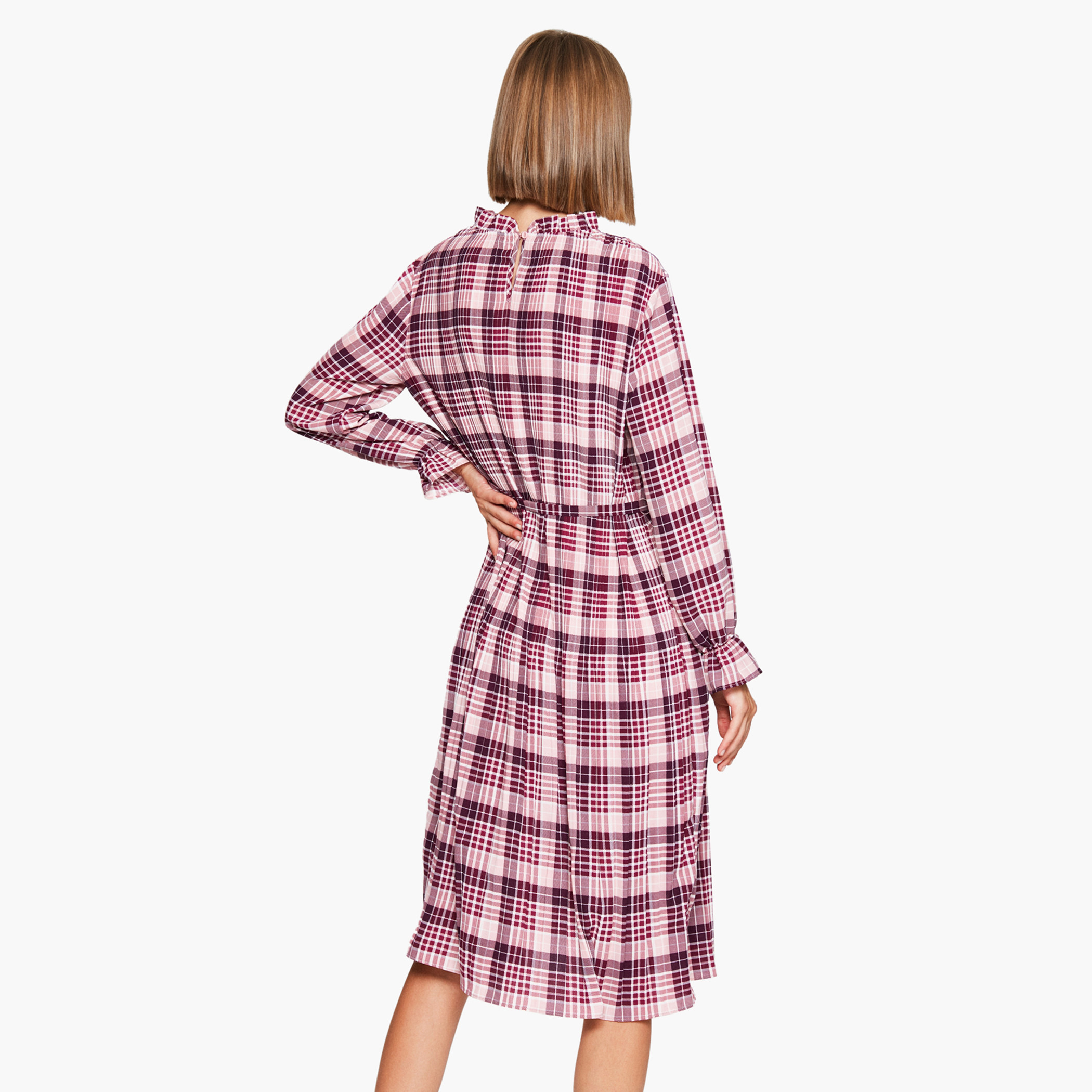 Rina Checked Midi Shift Dress with Long Sleeves and Tie-Up Belt-women-clothing-dresses-image-3