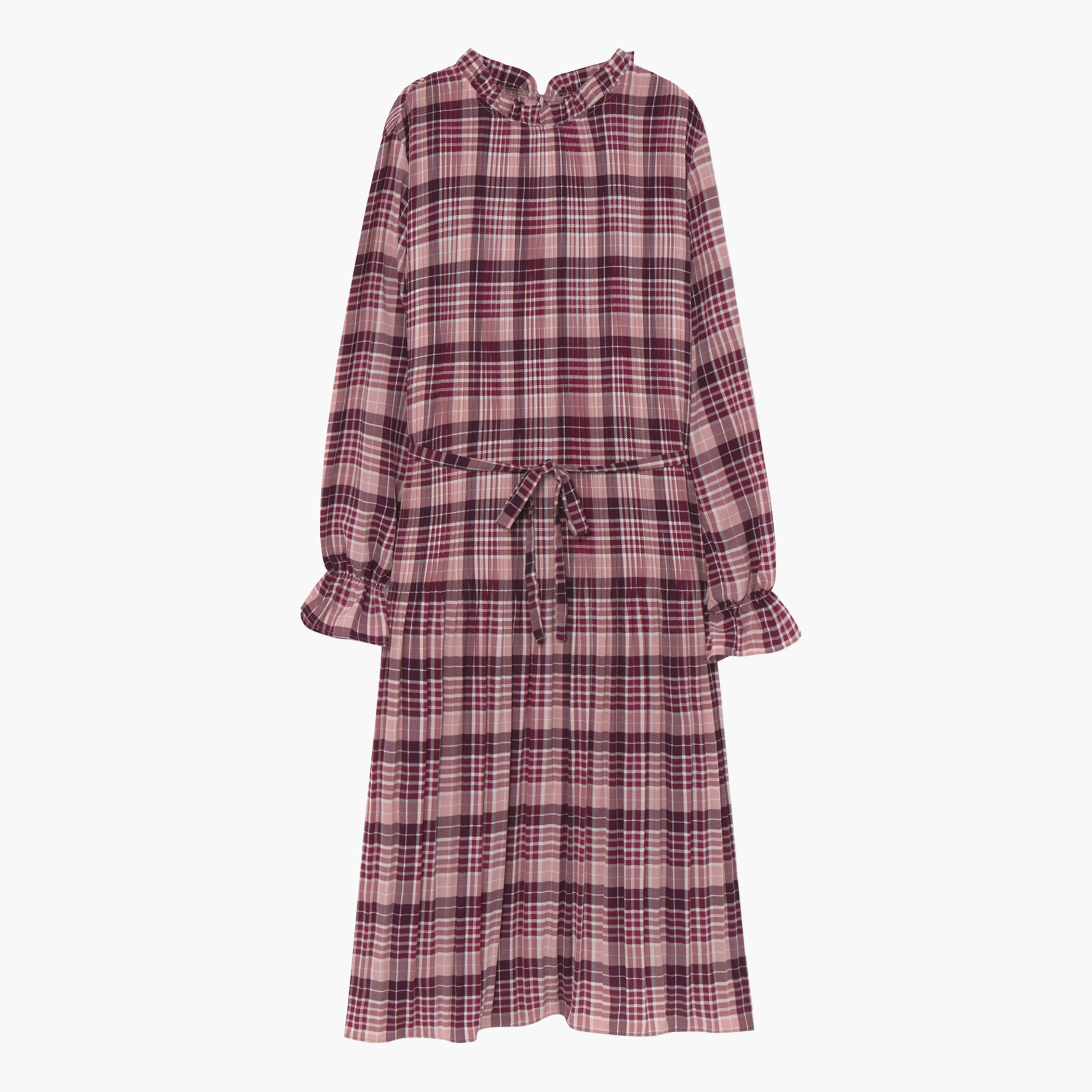 Rina Checked Midi Shift Dress with Long Sleeves and Tie-Up Belt-women-clothing-dresses-image-4