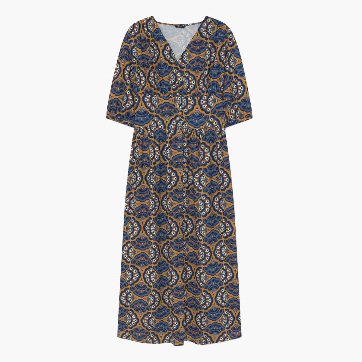 فستان إيه لاين طويل بطبعات وأكمام 3/4 وياقة v من رينا-women-clothing-dresses-image-4