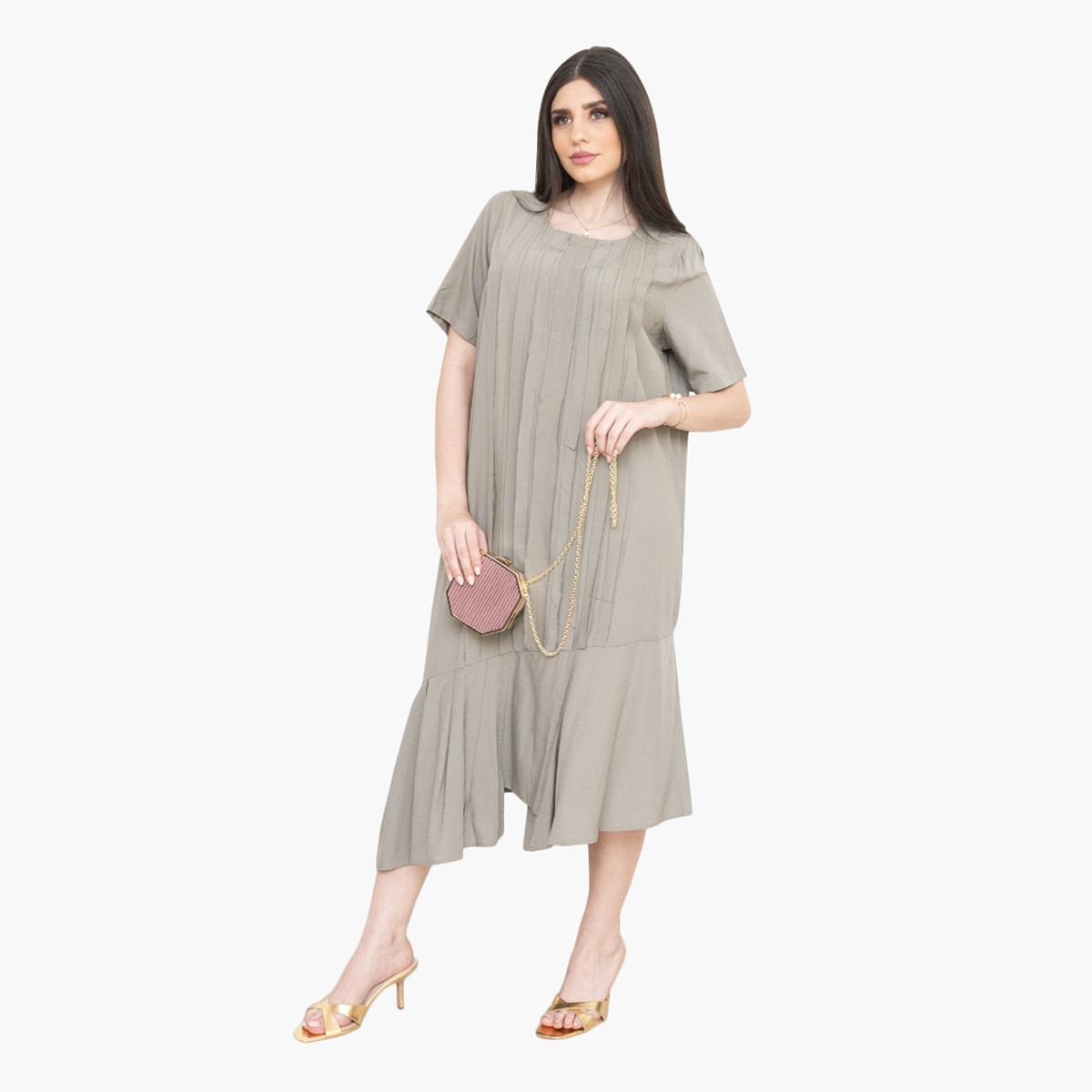 فستان ميدي سادة بكشكشة وأكمام قصيرة وحواف غير مستوية من رينا-women-clothing-dresses-image-1