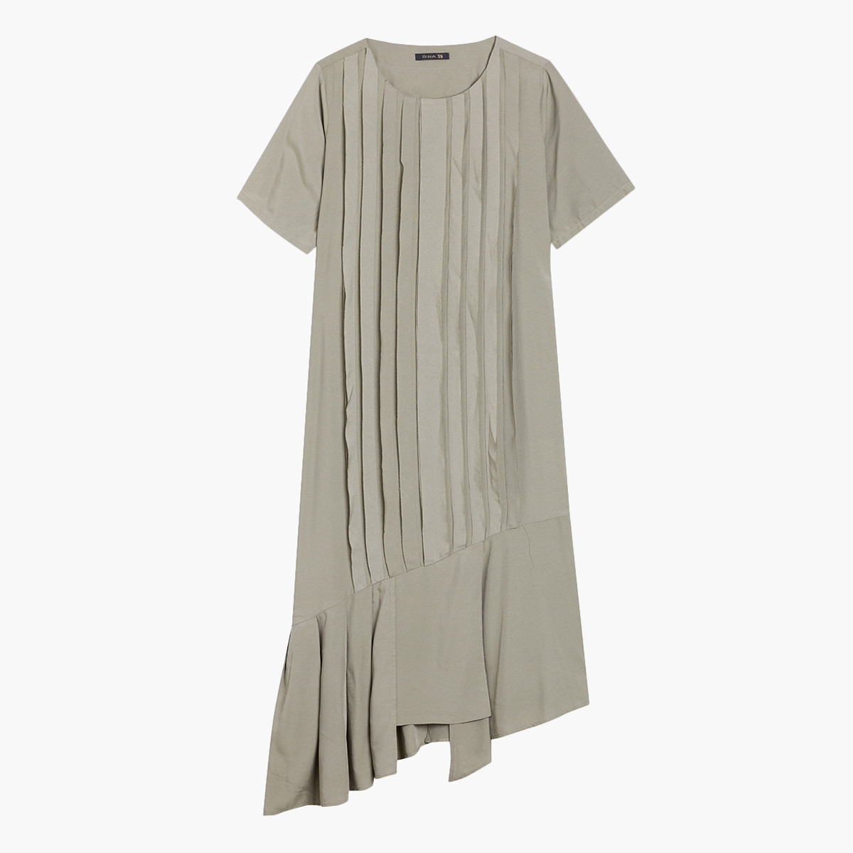 فستان ميدي سادة بكشكشة وأكمام قصيرة وحواف غير مستوية من رينا-women-clothing-dresses-image-4