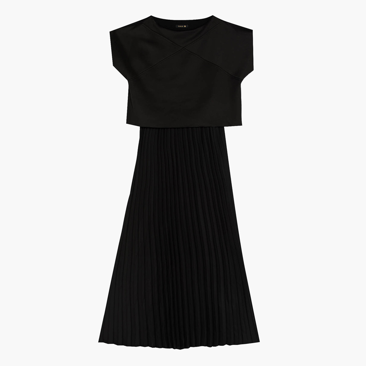 فستان طويل سادة بثنايا وياقة ضيقة وأكمام كاب من رينا-women-clothing-dresses-image-4