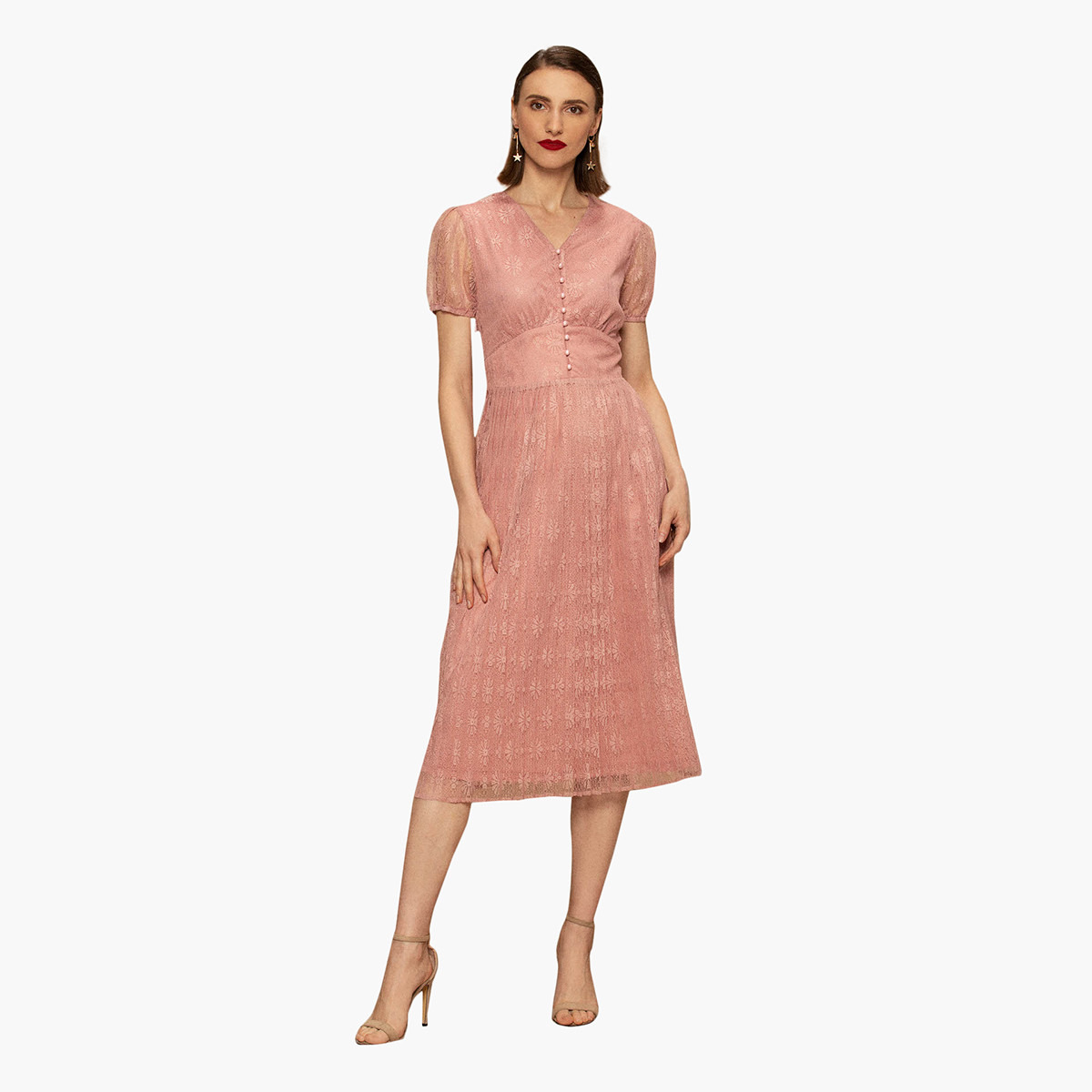 Rina Textured V-neck Midi A-line Dress with Short Sleeves-women-clothing-dresses-image-1
