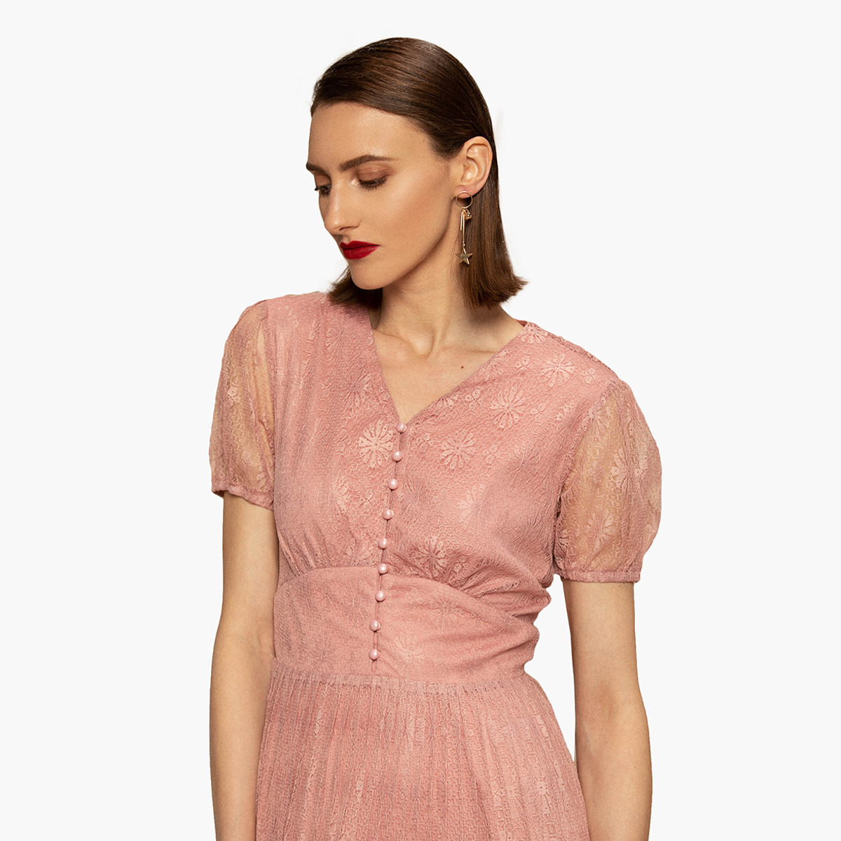 Rina Textured V-neck Midi A-line Dress with Short Sleeves-women-clothing-dresses-image-3