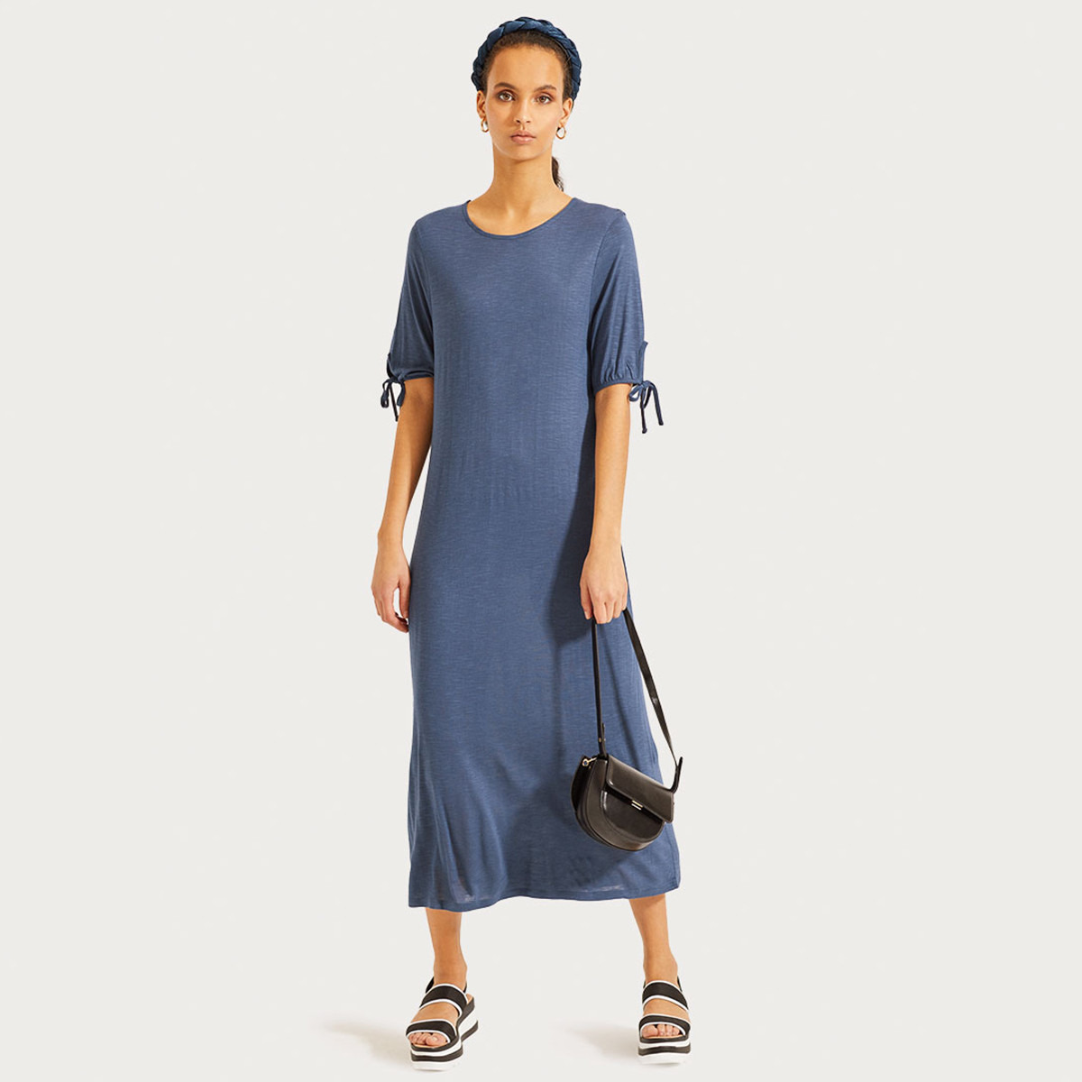 فستان طويل ميدي سادة بأربطة وأكمام قصيرة من رينا-women-clothing-dresses-image-4