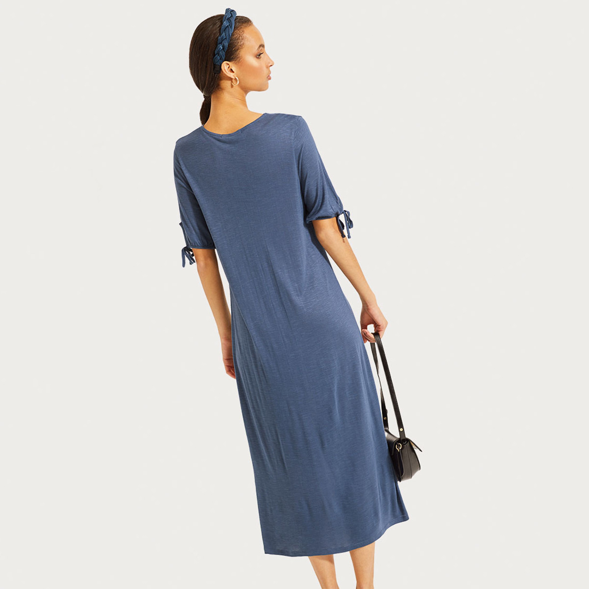 فستان طويل ميدي سادة بأربطة وأكمام قصيرة من رينا-women-clothing-dresses-image-2