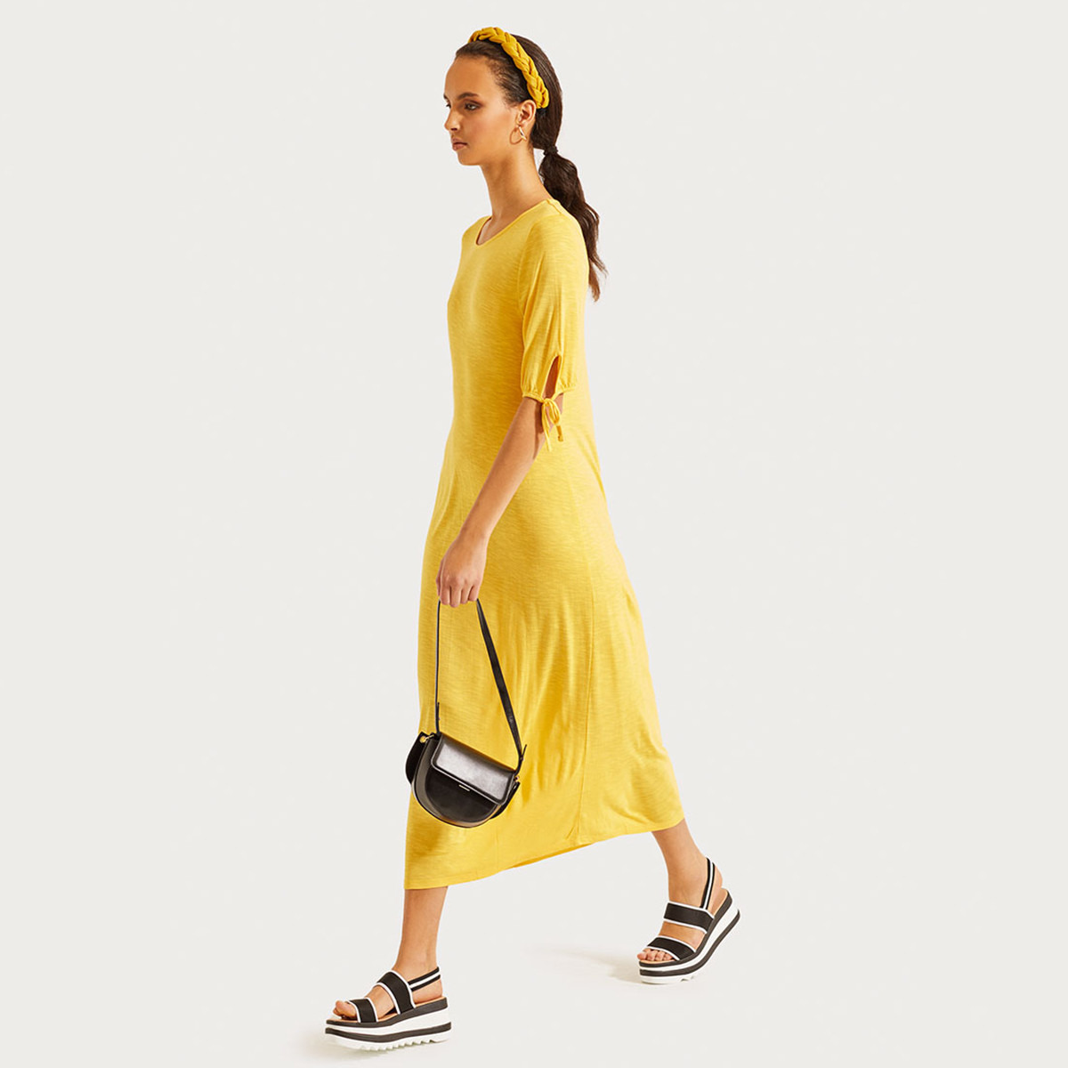 فستان طويل ميدي سادة بأربطة وأكمام قصيرة من رينا-women-clothing-dresses-image-8