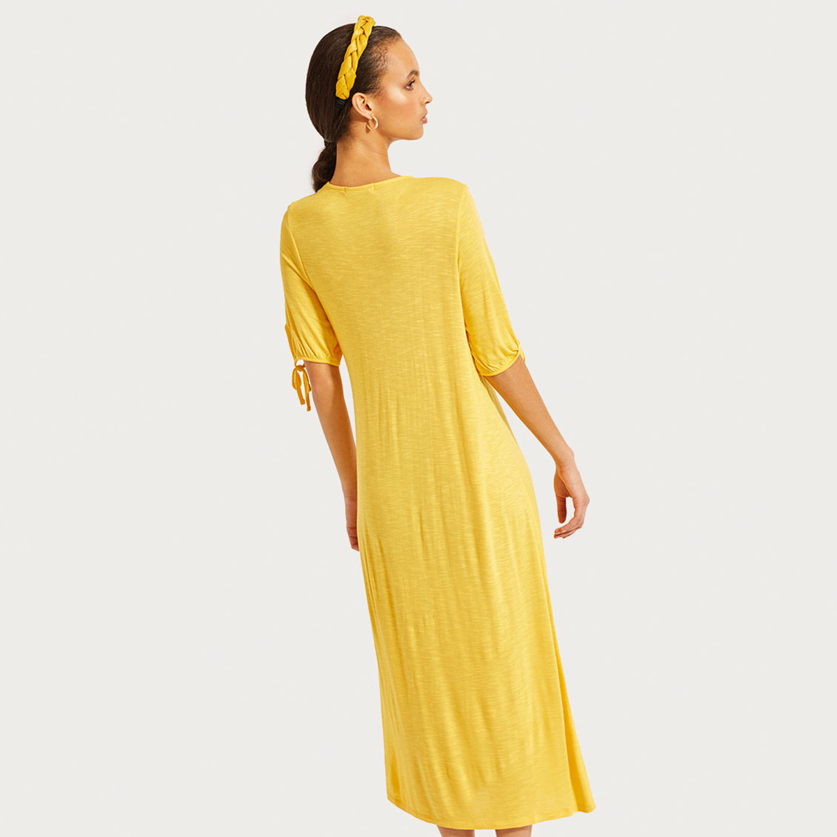 فستان طويل ميدي سادة بأربطة وأكمام قصيرة من رينا-women-clothing-dresses-image-6