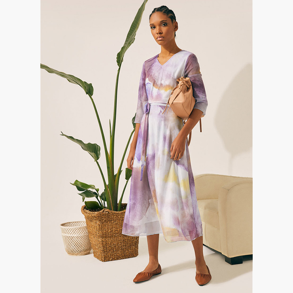 Rina Printed V-Neck Dress with Tie-Up Waist Belt and 3/4 Sleeves-women-clothing-dresses-image-1