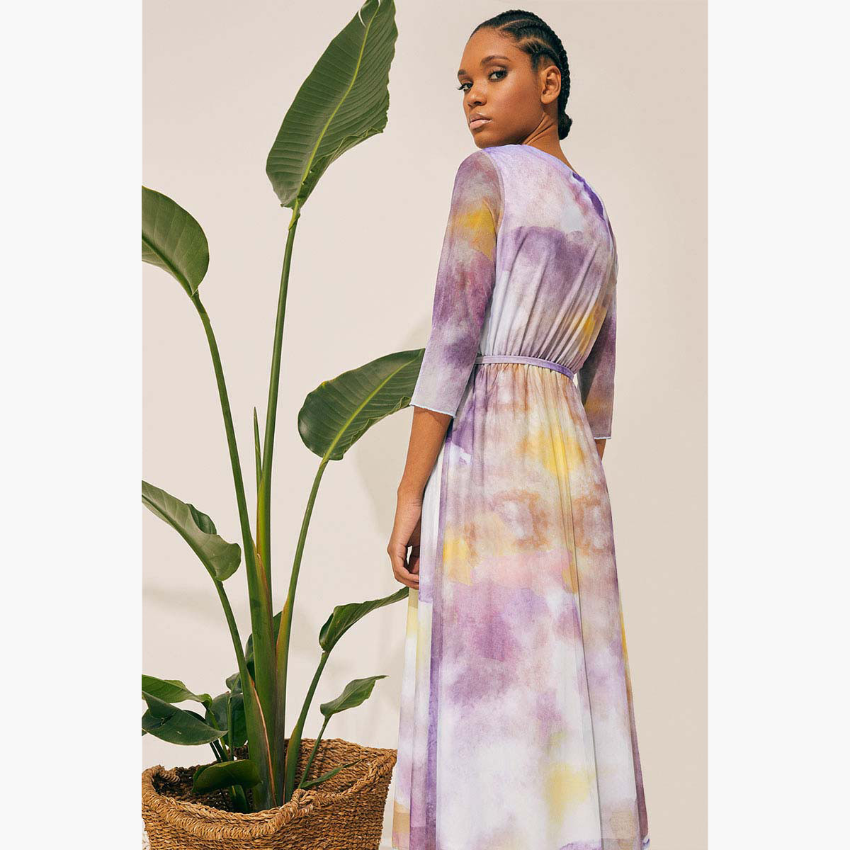 Rina Printed V-Neck Dress with Tie-Up Waist Belt and 3/4 Sleeves-women-clothing-dresses-image-3