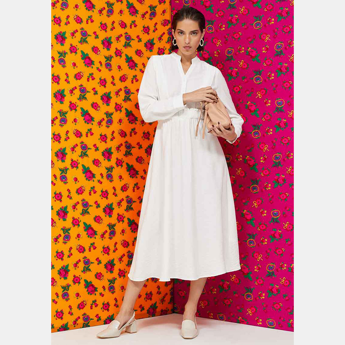 Rina Solid A-line Midi Dress with Mandarin Neck and Long Sleeves-women-clothing-dresses-image-1