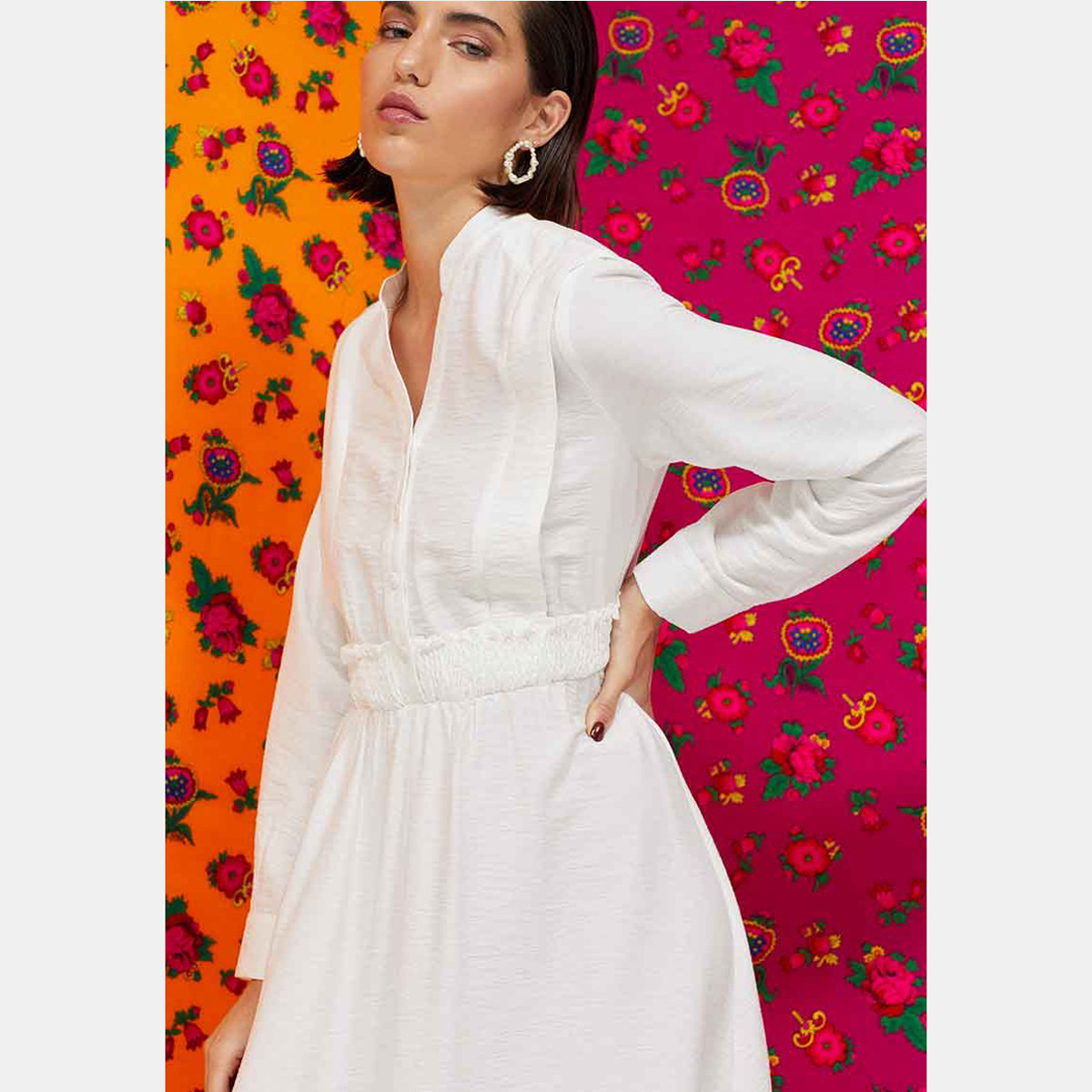 Rina Solid A-line Midi Dress with Mandarin Neck and Long Sleeves-women-clothing-dresses-image-3