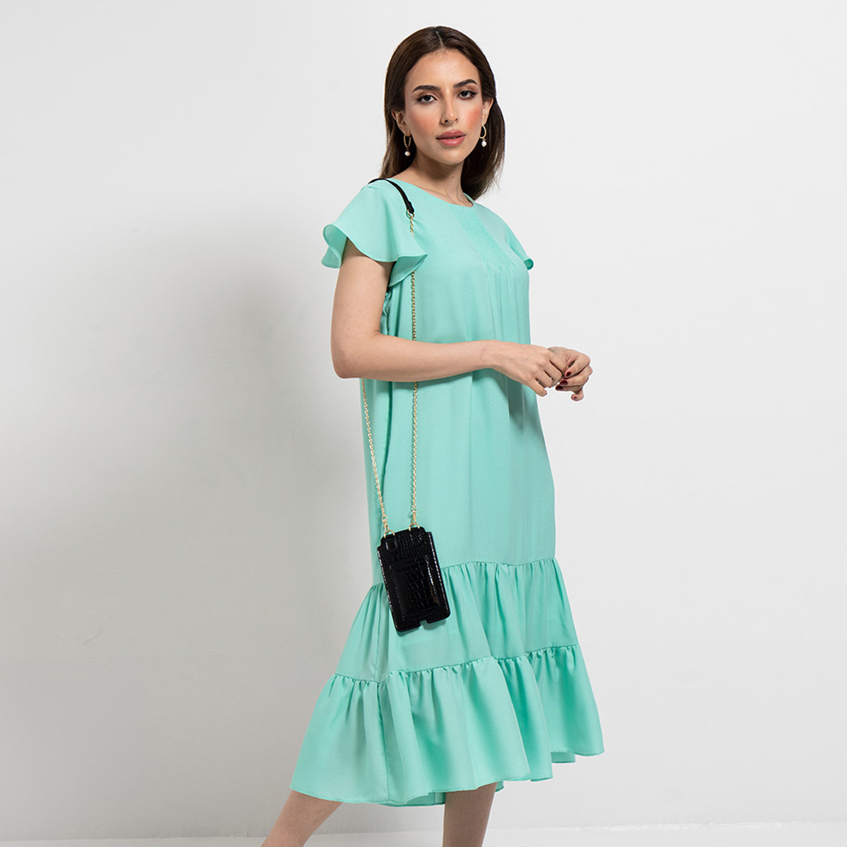 Rina Solid Midi A-line Tiered Dress with Round Neck and Cap Sleeves-women-clothing-dresses-image-1