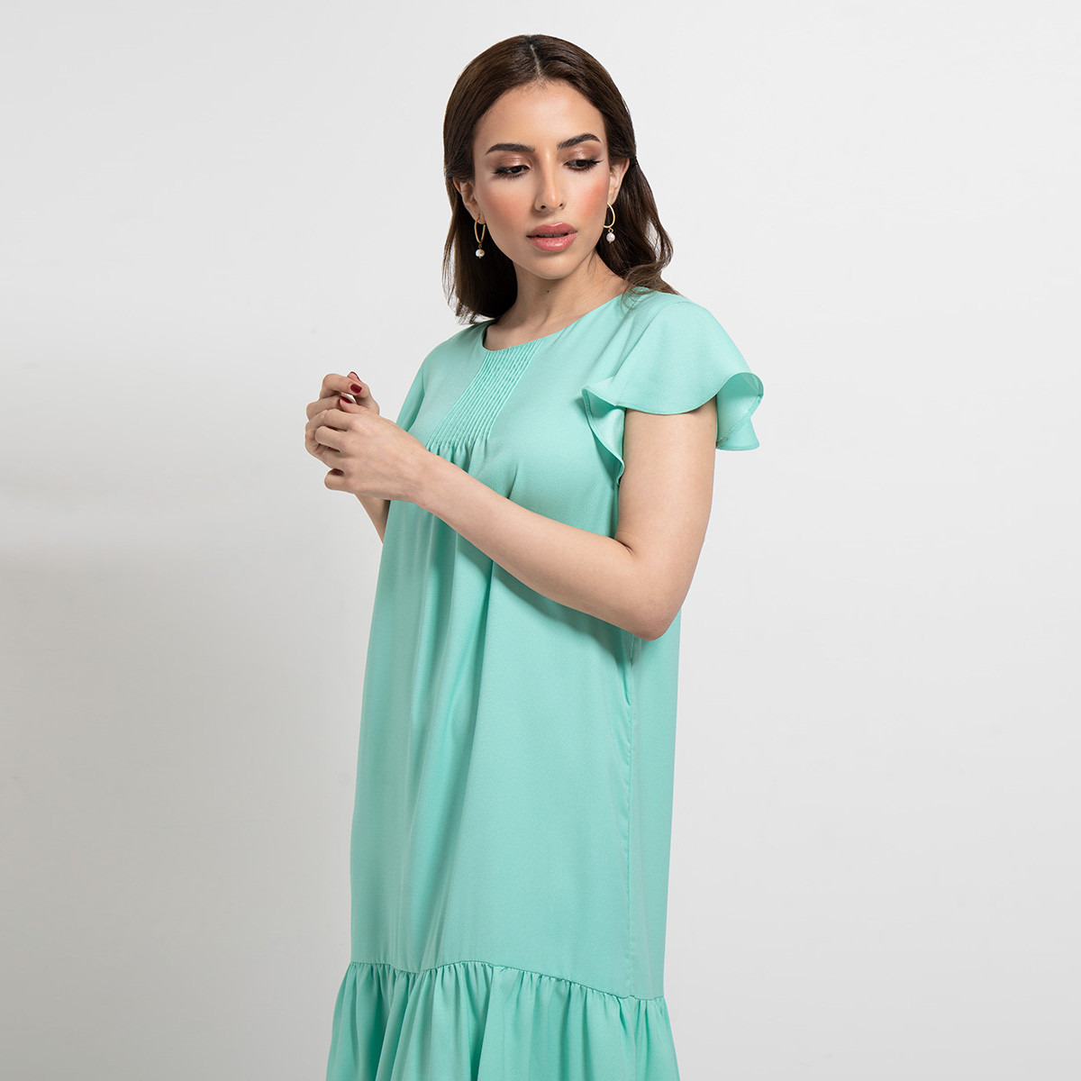فستان إيه لاين ميدي سادة متعدد الطبقات بياقة مستديرة وأكمام كاب من رينا-women-clothing-dresses-image-2